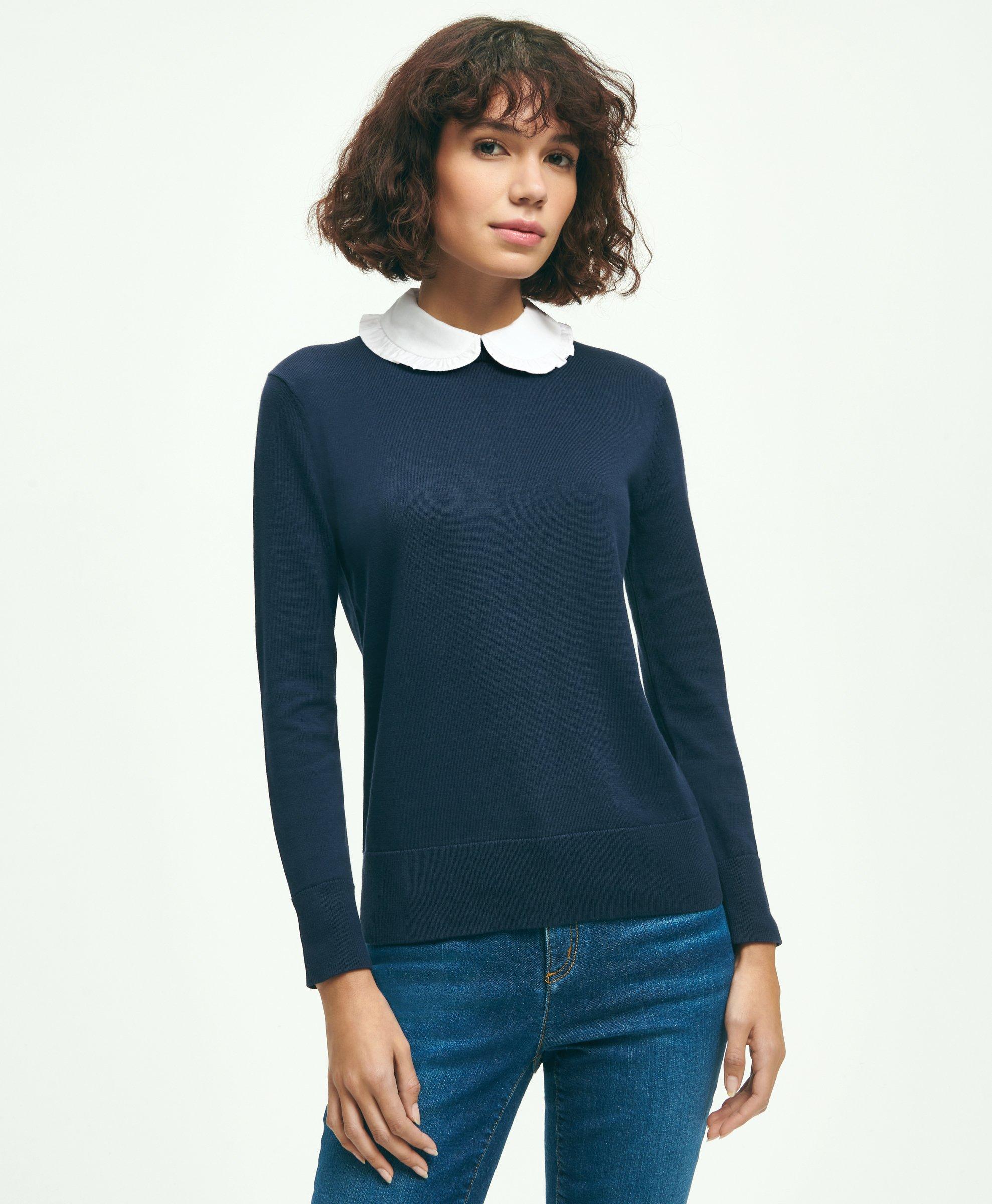 Brooks Brothers Cotton Removable Collar Sweater | Navy/white | Size Large In Navy,white