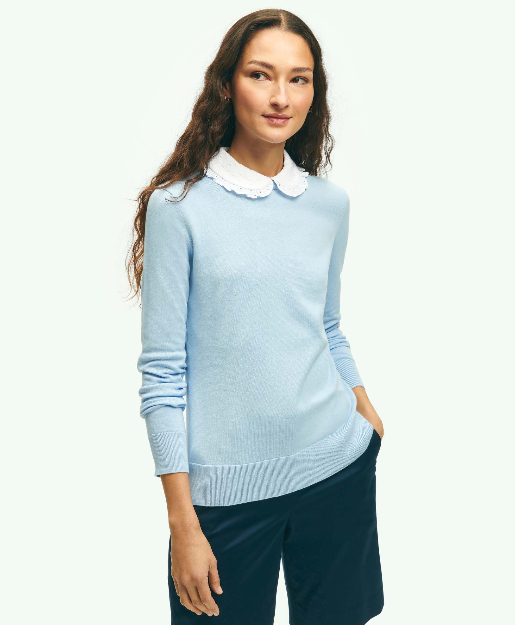 Brooks Brothers Cotton Sweater With Removable Ruffle Collar | Light Blue | Size Small