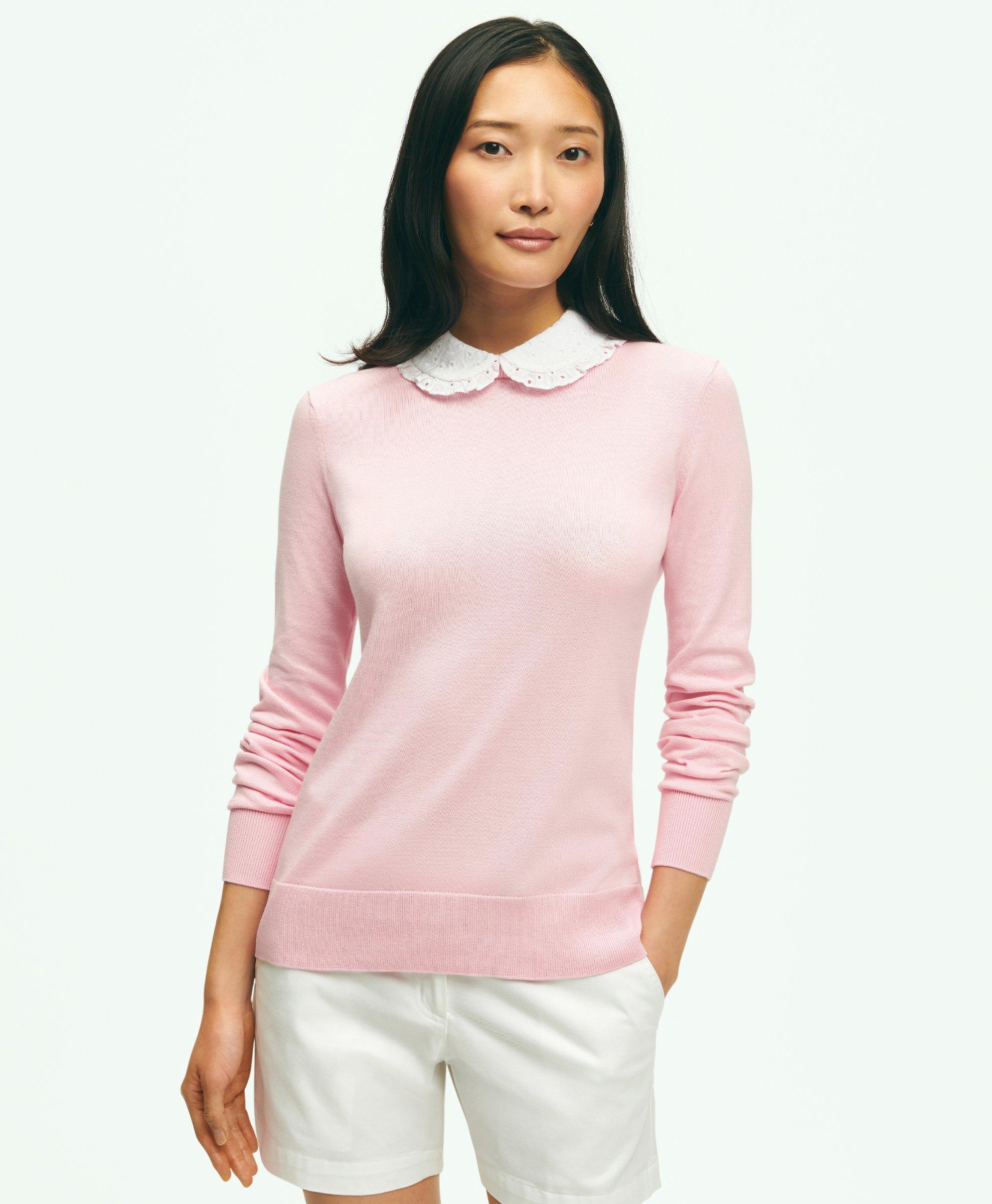 Brooks Brothers Cotton Sweater With Removable Ruffle Collar | Light Pink | Size Medium