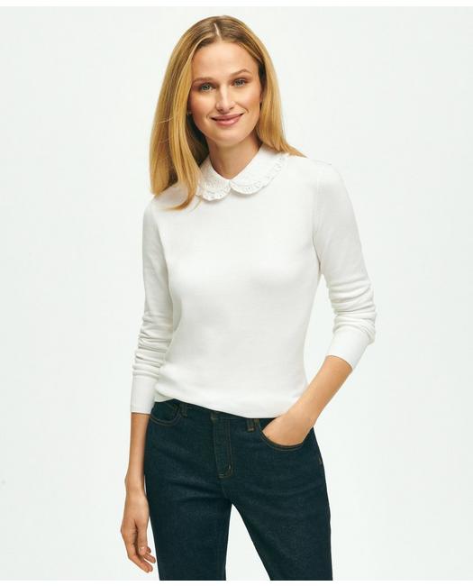 Brooks Brothers Cotton Sweater With Removable Ruffle Collar | White | Size Xs