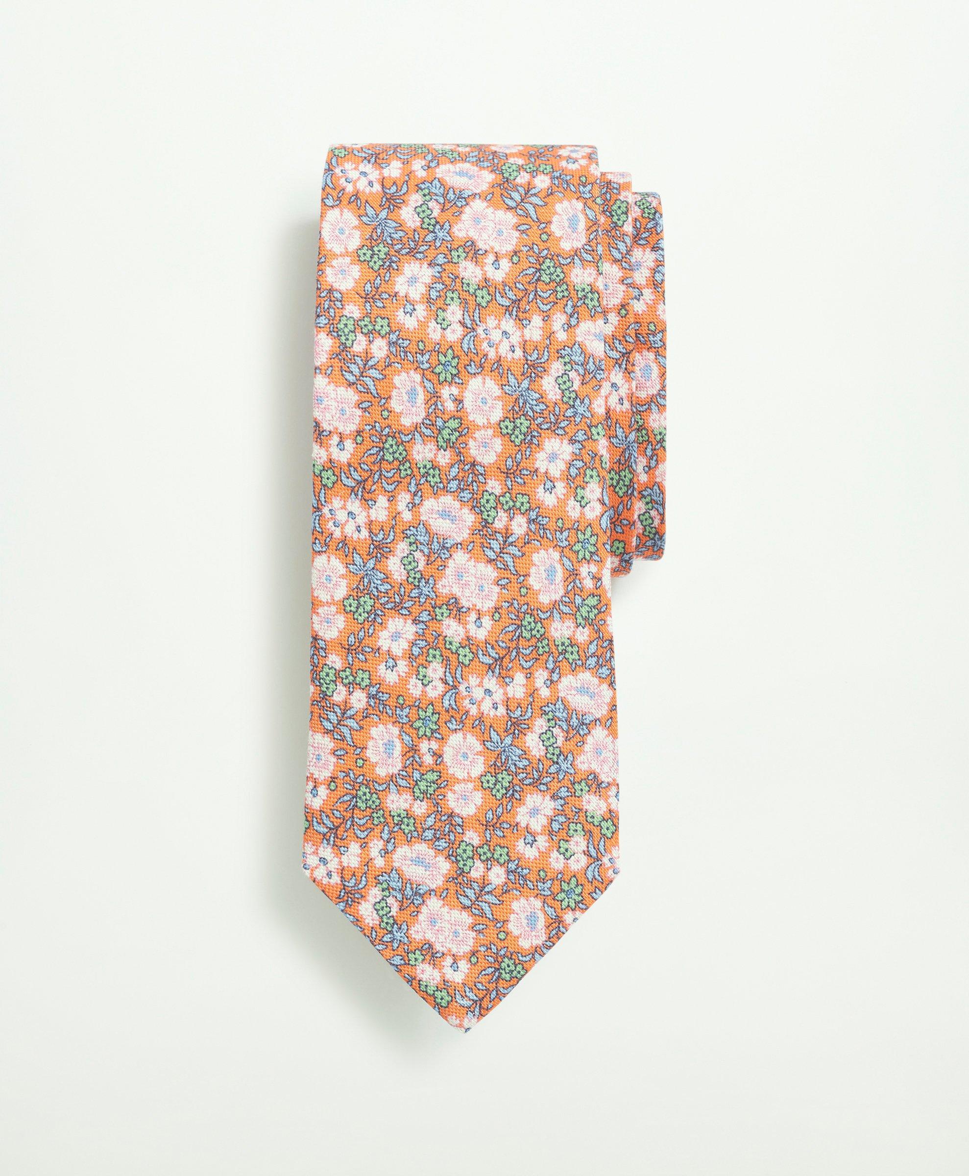 Brooks Brothers Linen Jacquard Floral Tie | Orange | Size Regular