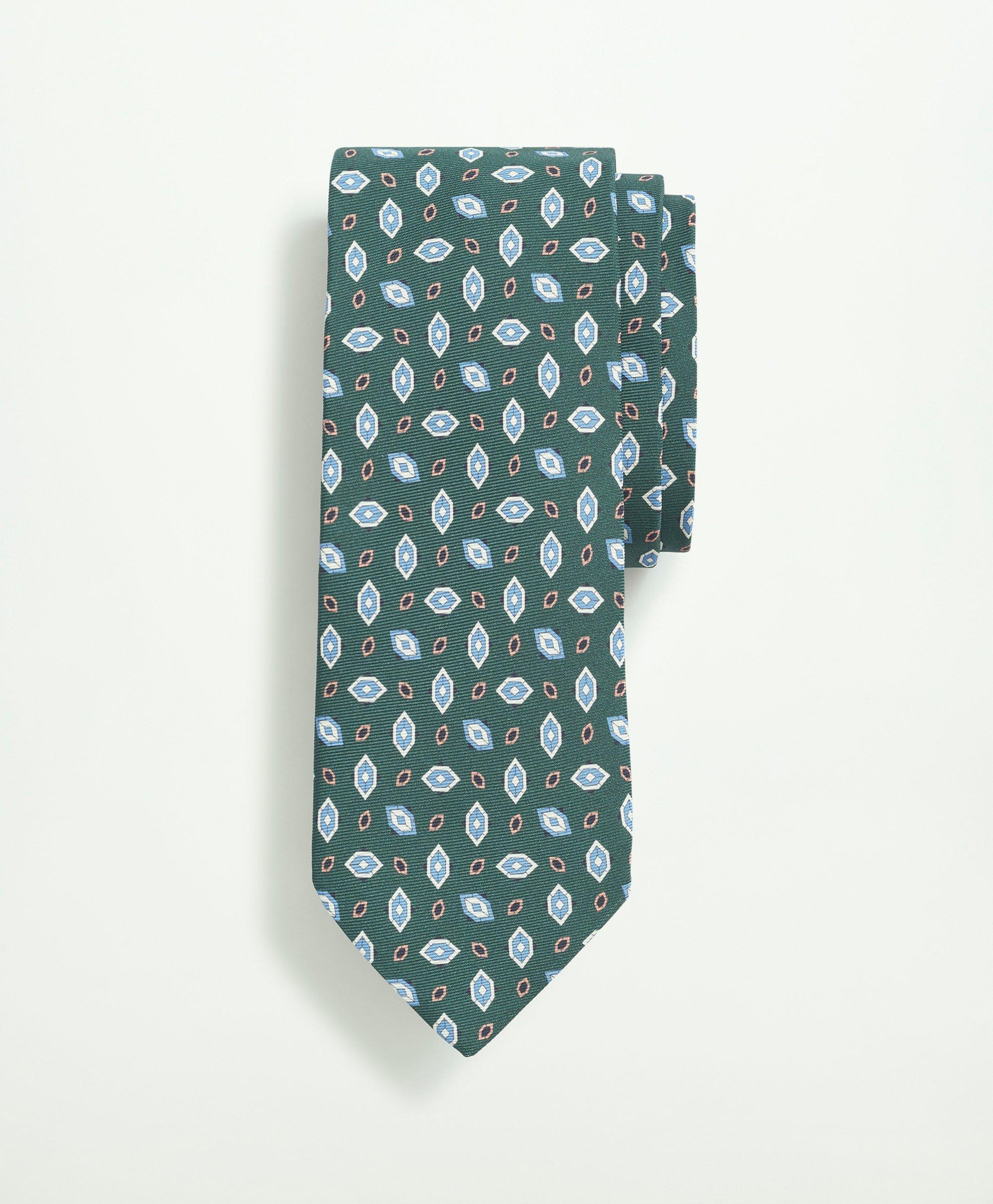 Brooks Brothers Silk Diamond Print Pattern Tie | Dark Green | Size Regular