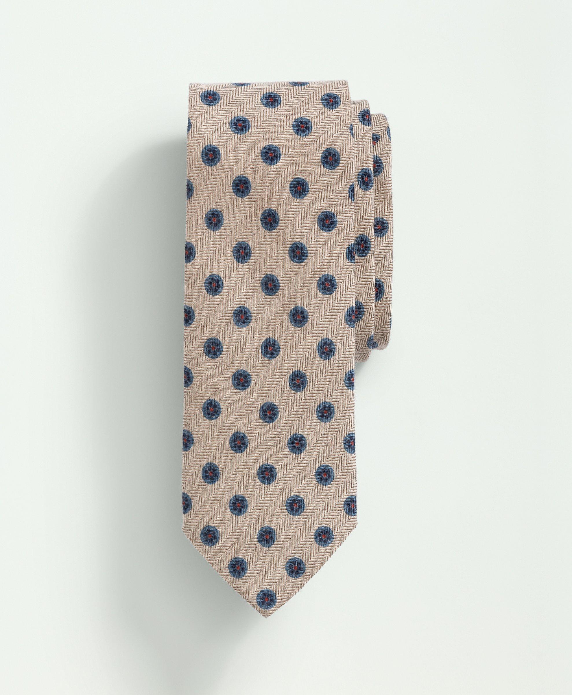 Brooks Brothers Wool Silk Herringbone Medallion Tie | Beige/blue | Size Regular In Beige,blue