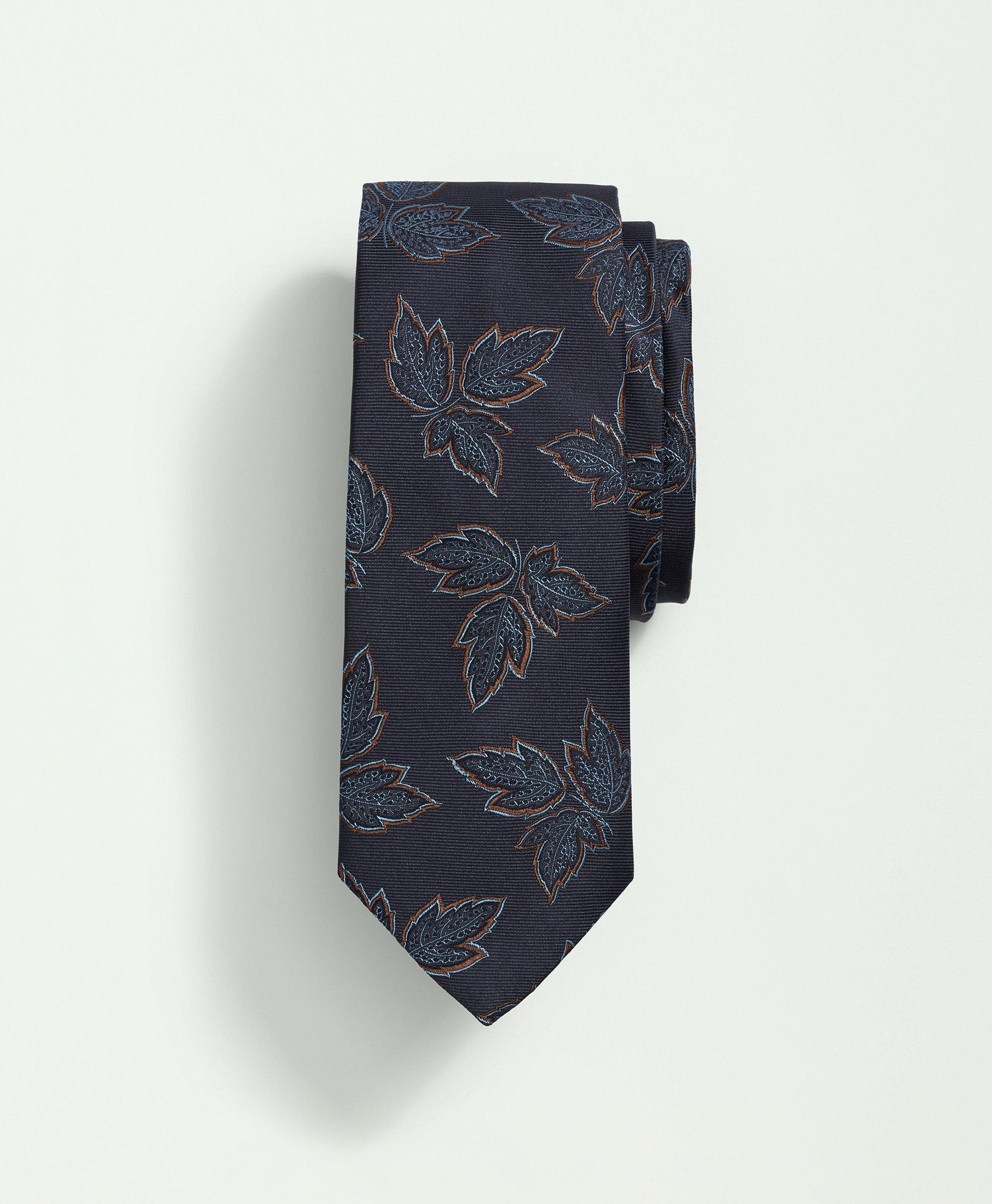 Brooks Brothers Silk Autumn Leaves Tie | Navy/brown | Size Regular In Navy,brown