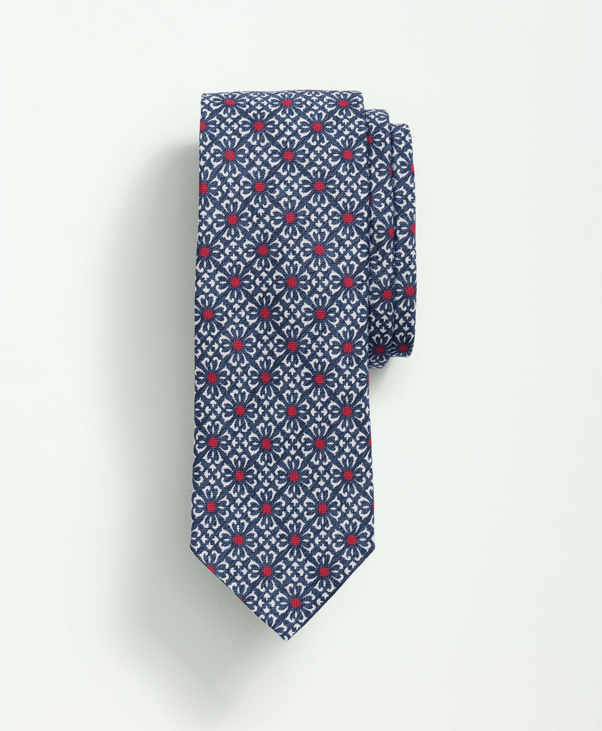 Brooks Brothers Silk Cotton Block Print Tie | Blue | Size L/xl