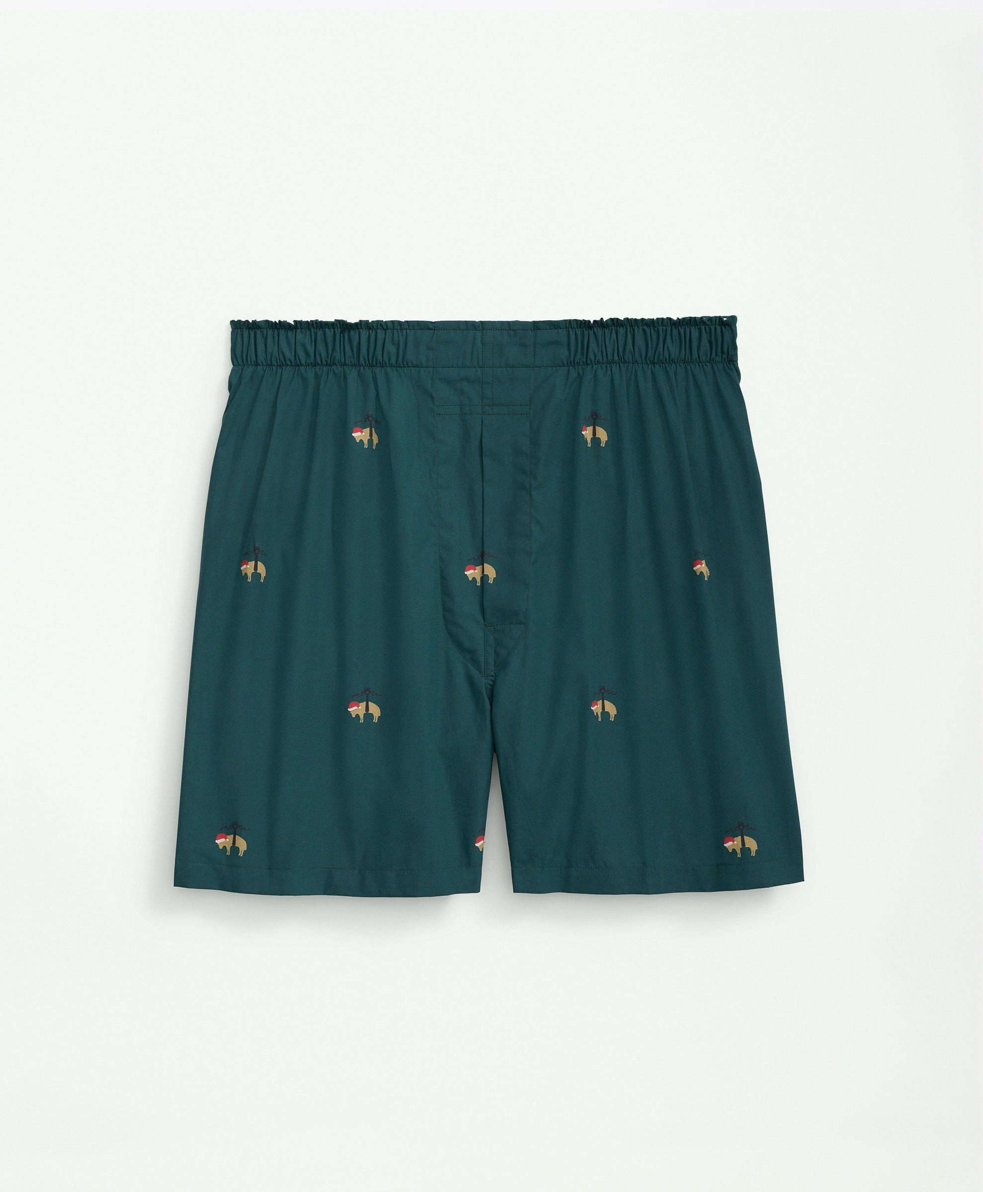 Brooks Brothers Cotton Poplin Holiday Fleece Boxers | Dark Green | Size Small