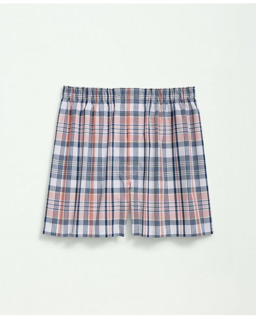 Brooks Brothers Cotton Broadcloth Madras Boxers | Coral/navy | Size Small In Coral,navy