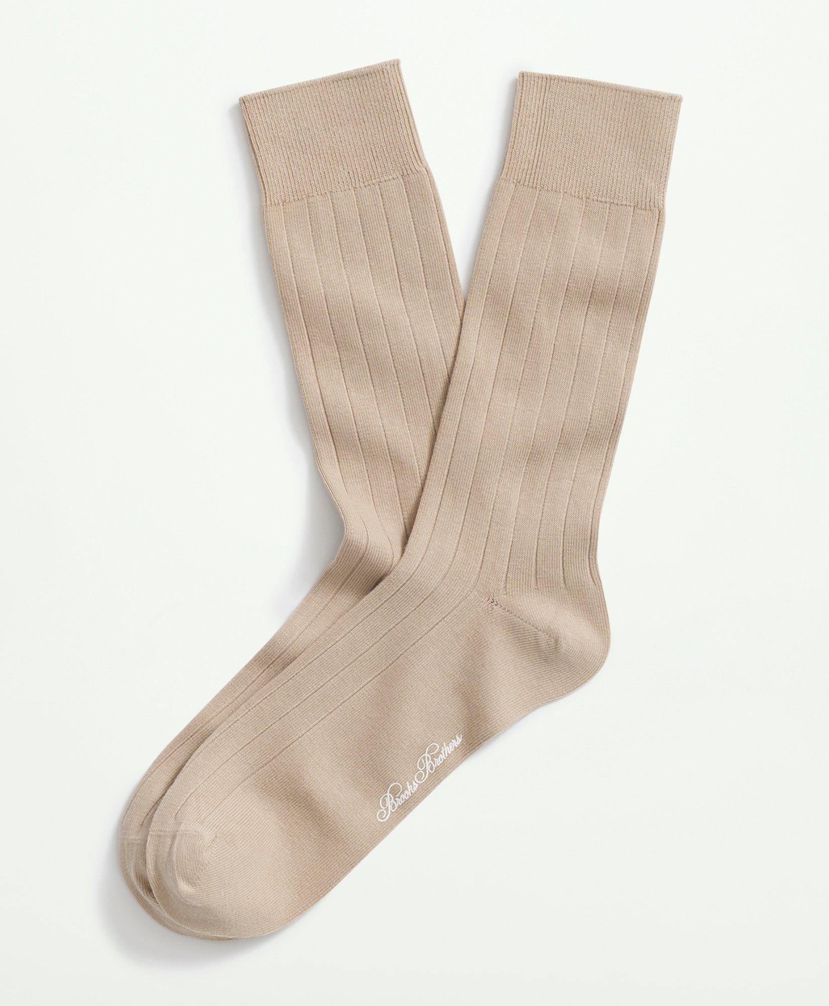 Brooks Brothers Cotton Blend Ribbed Crew Socks In Khaki
