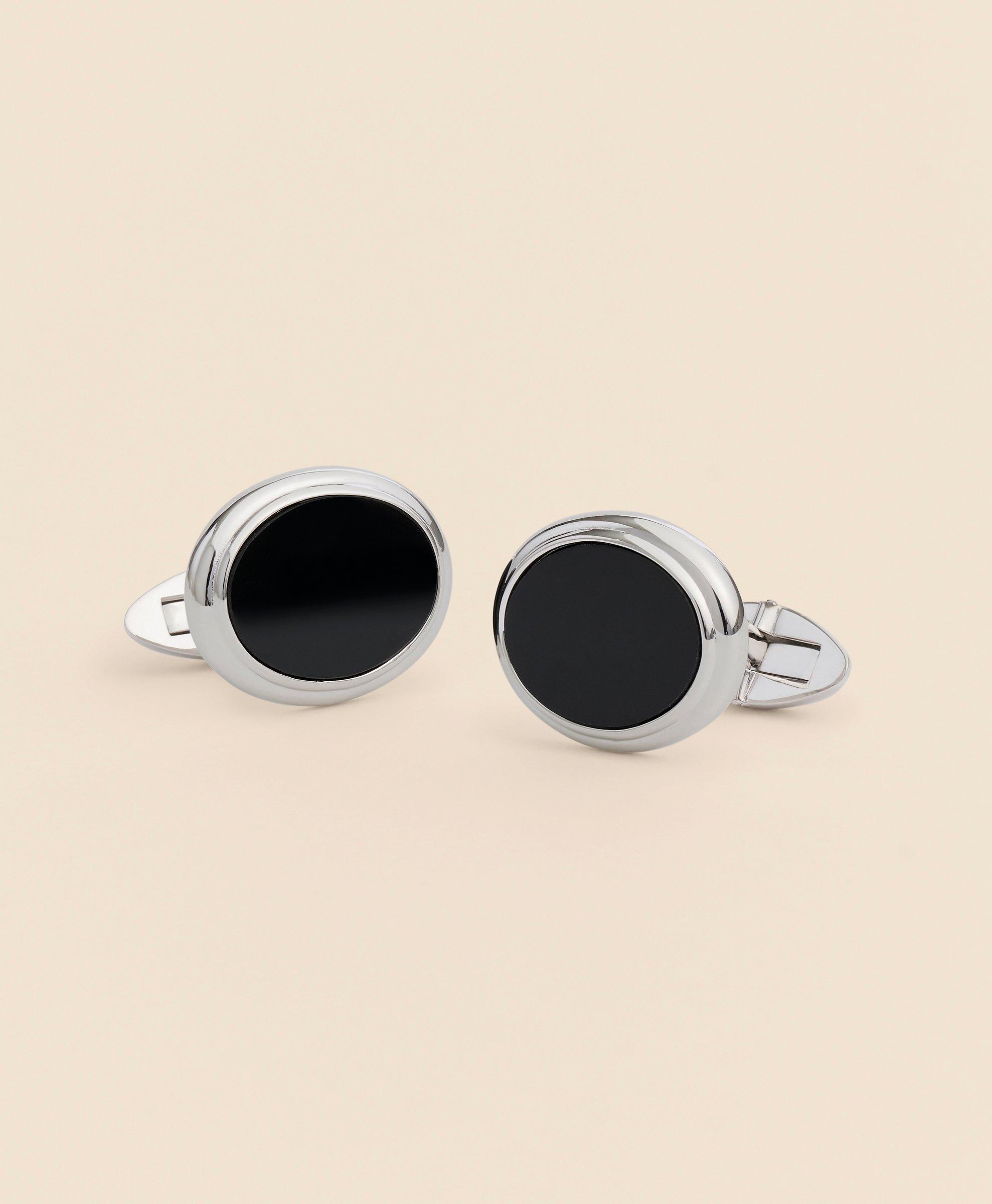 Brooks Brothers Sterling Silver Onyx Oval Rhodium-plated Cufflinks In Silver