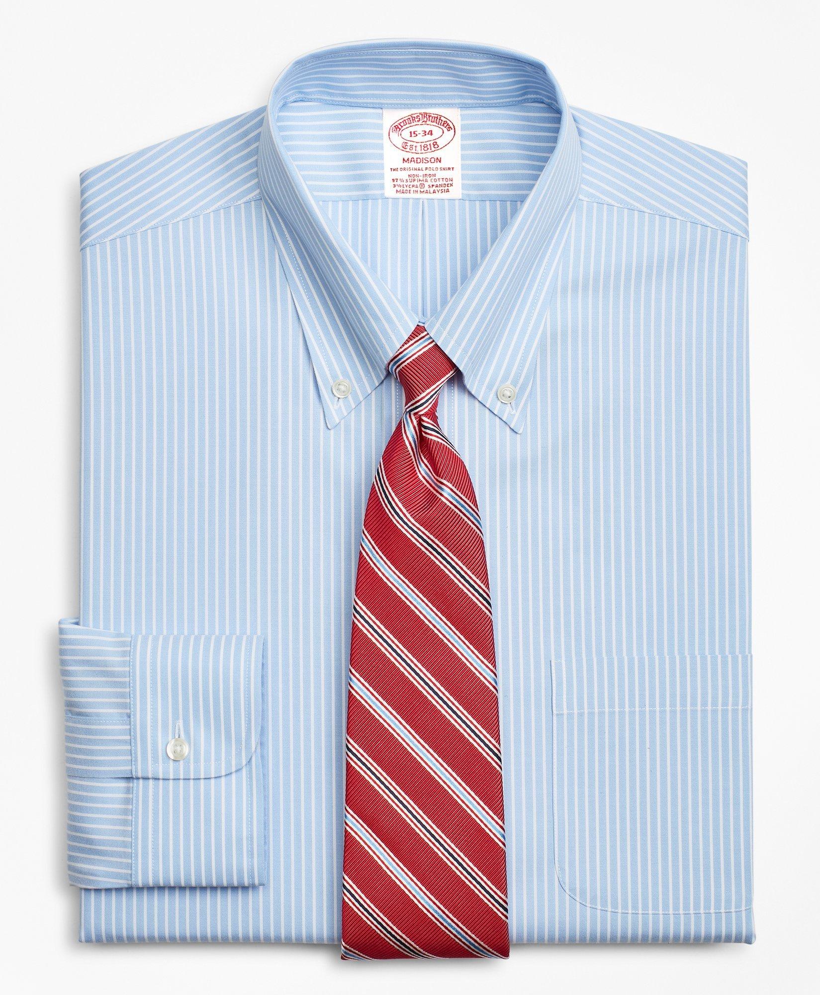 Brooks Brothers Stretch Madison Relaxed-fit Dress Shirt, Non-iron Stripe |  Blue | Size 14 34 | ModeSens