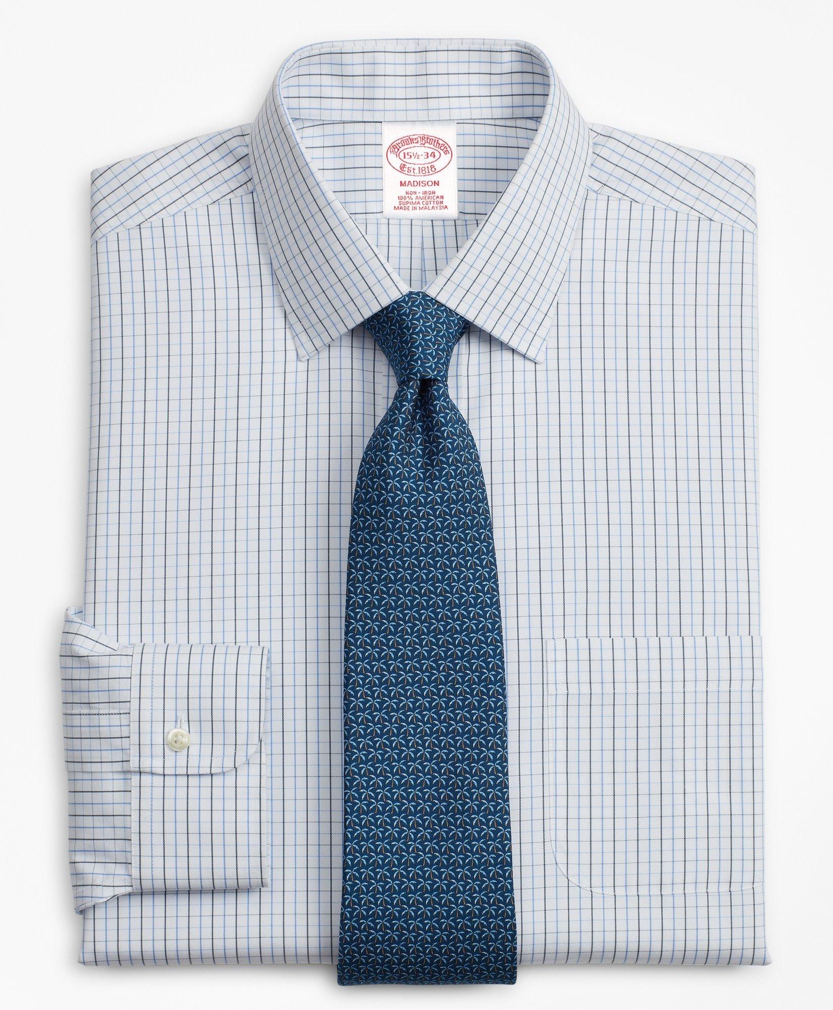 Brooks Brothers Madison Relaxed-fit Dress Shirt, Non-iron Grid Check | Blue | Size 14½ 33
