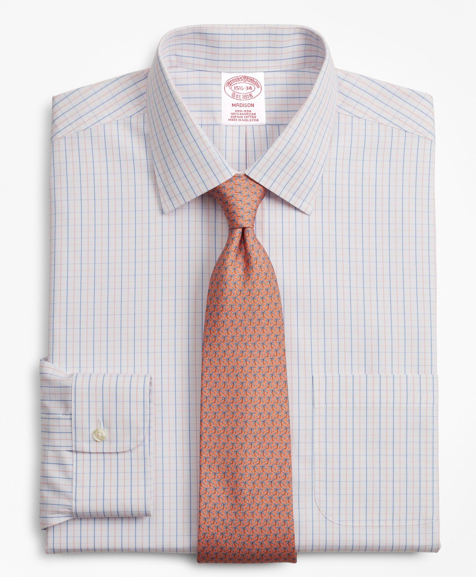 Brooks Brothers Madison Relaxed-fit Dress Shirt, Non-iron Grid Check | Pink | Size 15 34