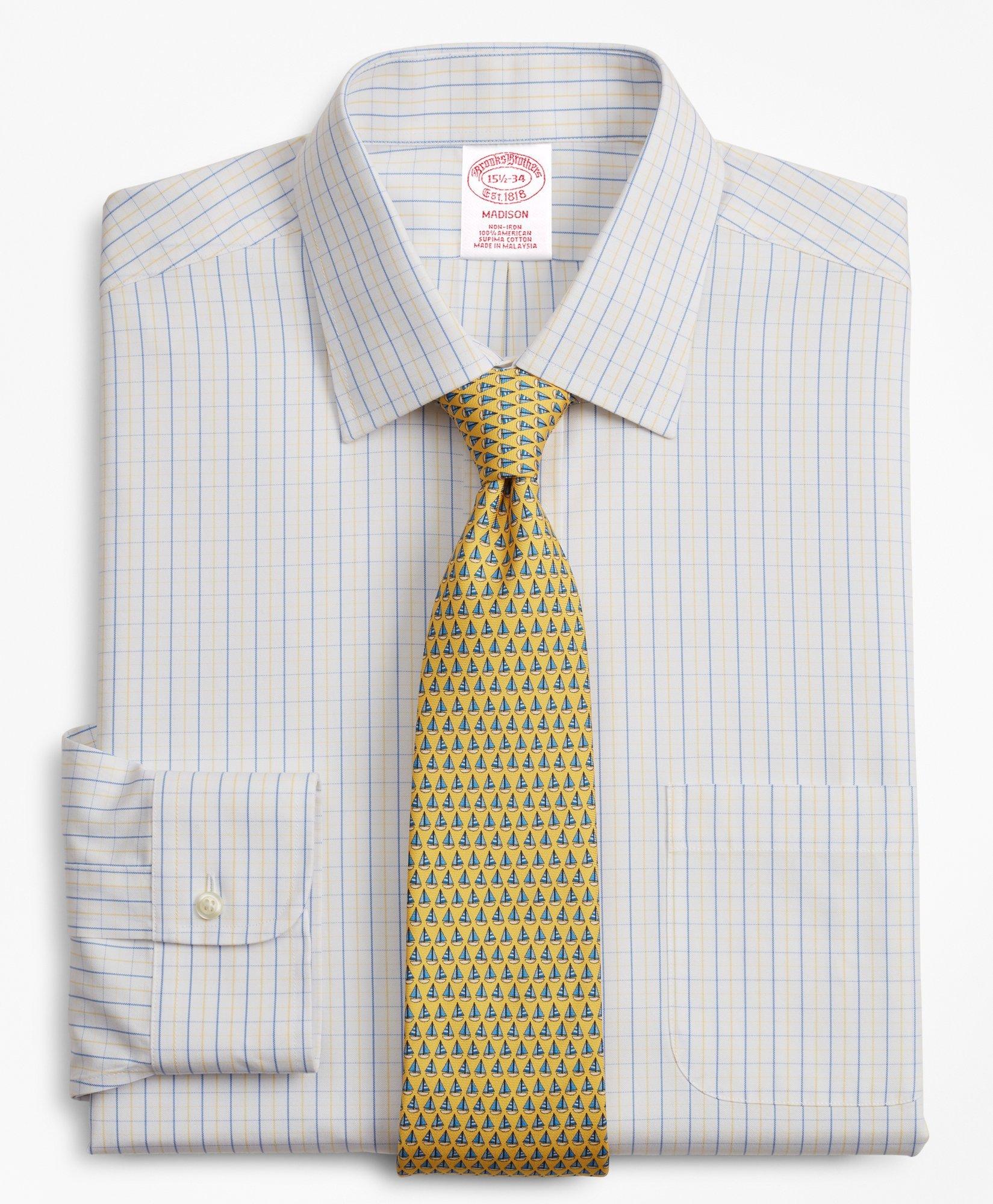 Brooks Brothers Madison Relaxed-fit Dress Shirt, Non-iron Grid Check | Yellow | Size 14½ 33