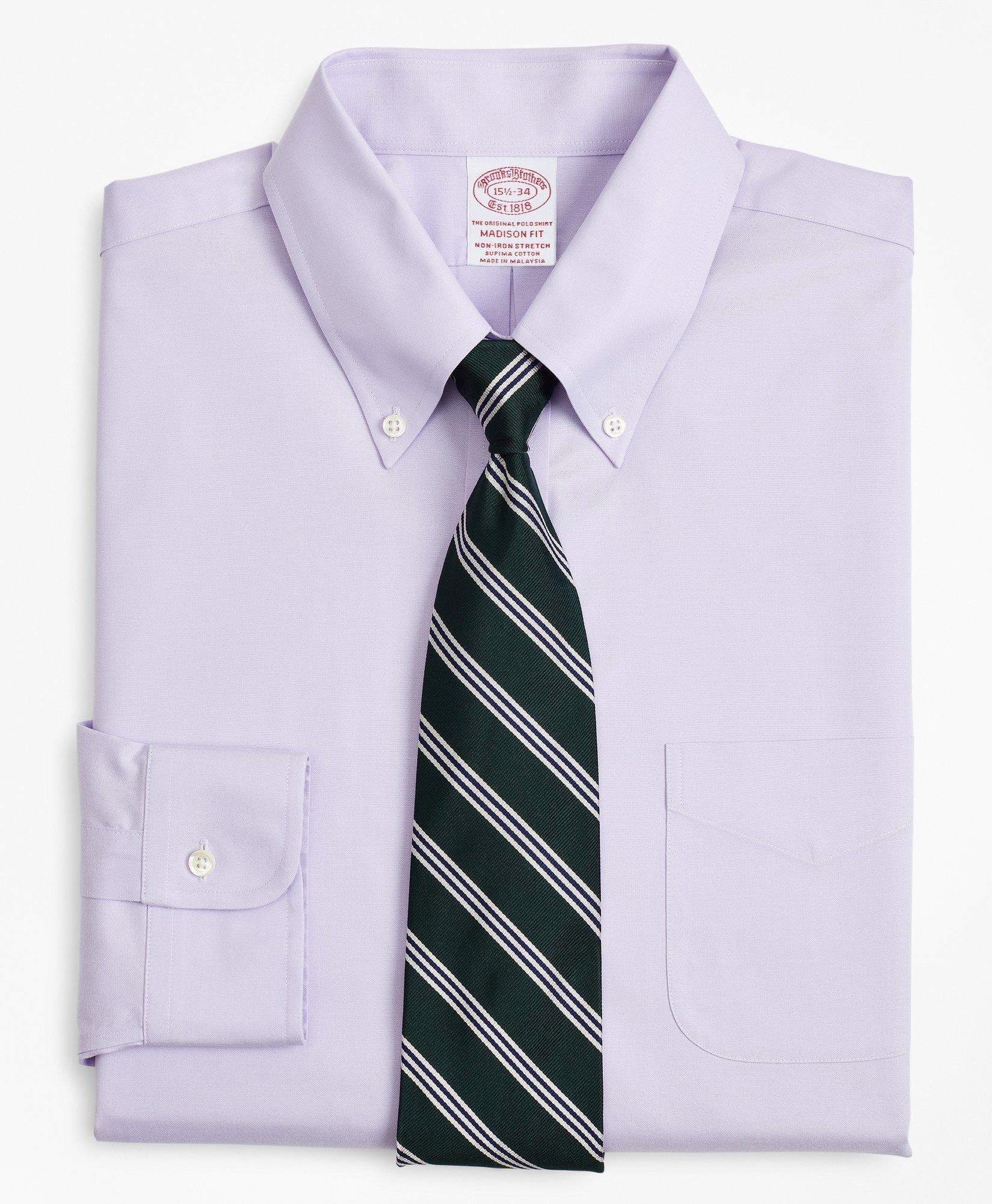 Brooks Brothers Stretch Madison Relaxed-fit Dress Shirt, Non-iron Pinpoint Button-down Collar | Lavender | Size 17½
