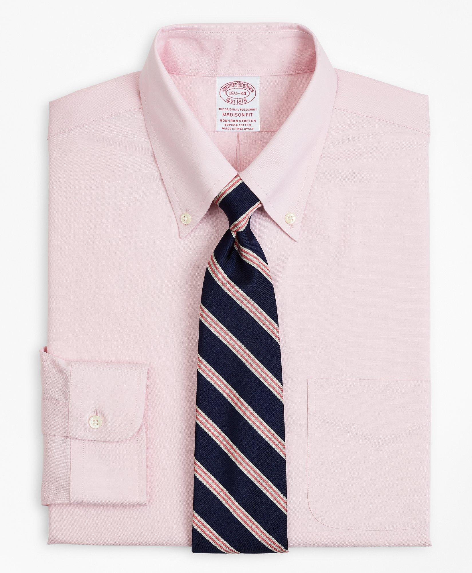 Brooks Brothers Stretch Madison Relaxed-fit Dress Shirt, Non-iron Pinpoint Button-down Collar | Pink | Size 18 35