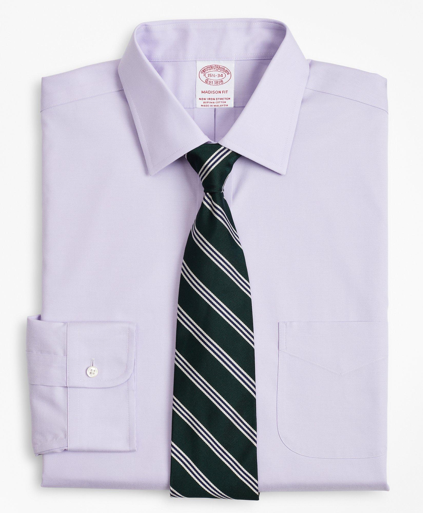 Brooks Brothers Stretch Madison Relaxed-fit Dress Shirt, Non-iron Pinpoint Ainsley Collar | Lavender | Size 17 36