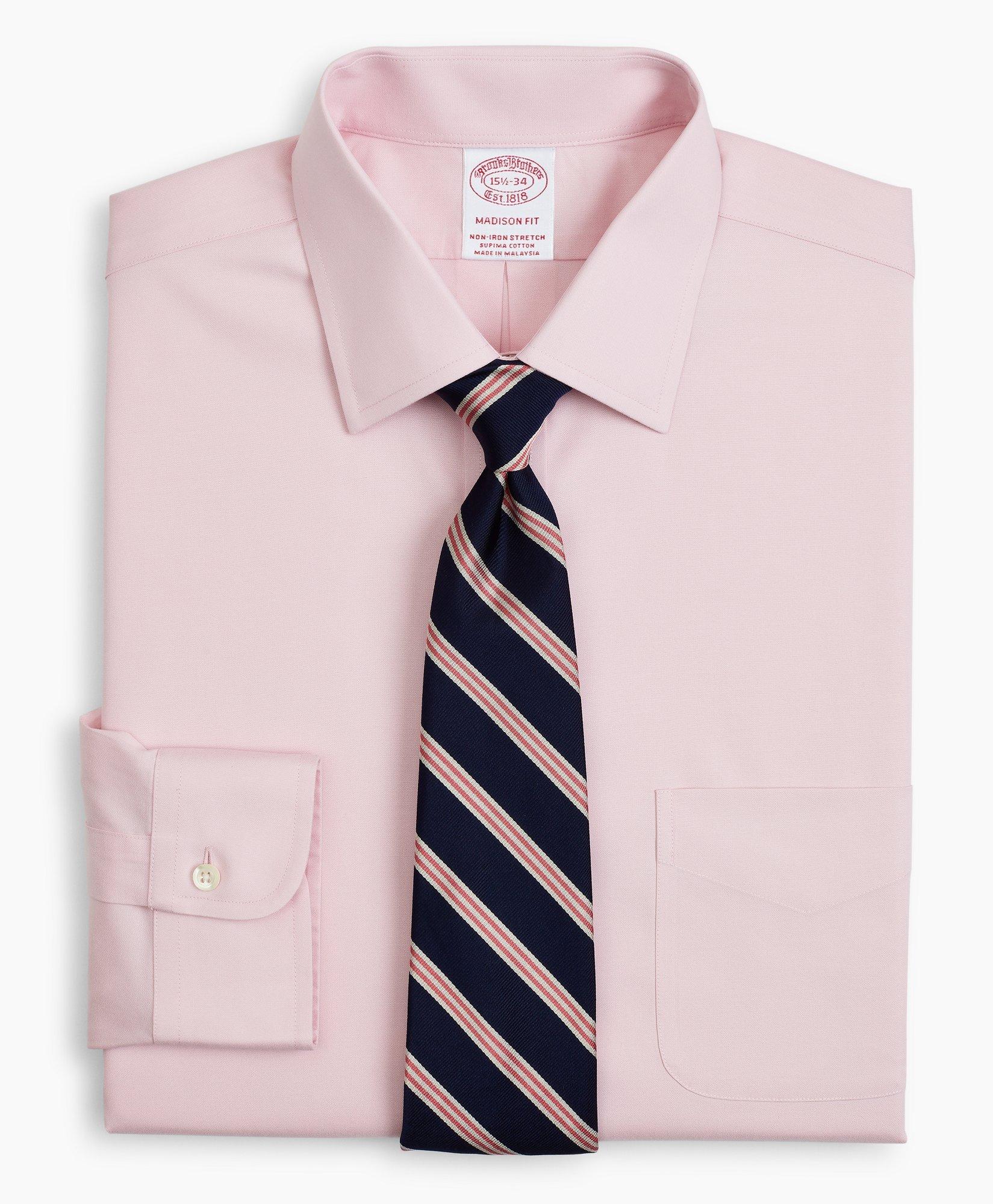 Brooks Brothers Stretch Madison Relaxed-fit Dress Shirt, Non-iron Pinpoint Ainsley Collar | Pink | Size 17 33