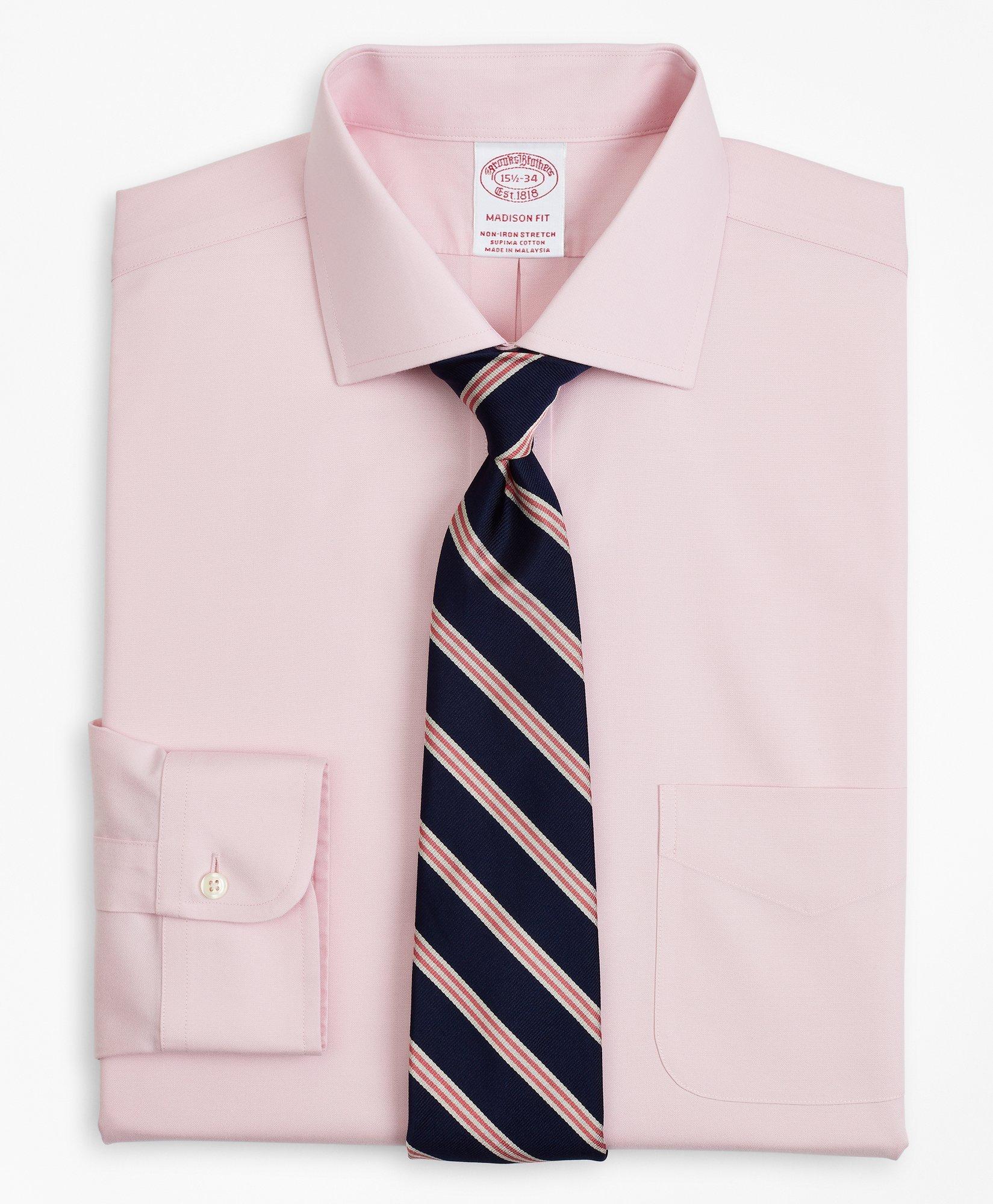 Brooks Brothers Stretch Madison Relaxed-fit Dress Shirt, Non-iron Pinpoint English Collar | Pink | Size 16 36