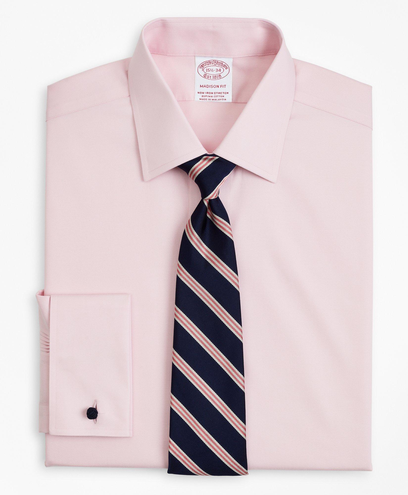 Brooks Brothers Stretch Madison Relaxed-fit Dress Shirt, Non-iron Pinpoint Ainsley Collar French Cuff | Pink | Size