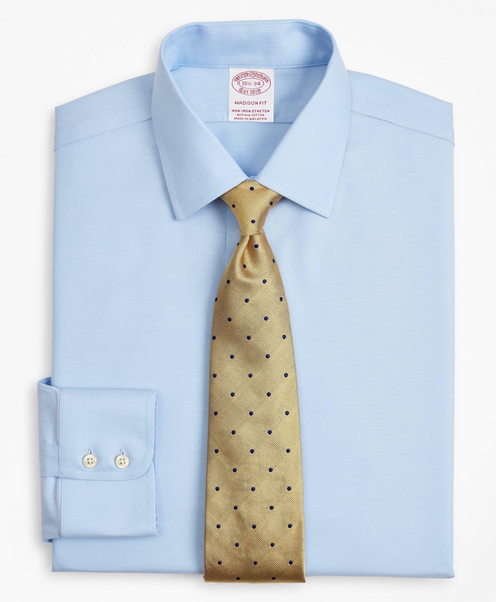 Brooks Brothers Stretch Madison Relaxed-fit Dress Shirt, Non-iron Twill Ainsley Collar | Light Blue | Size 17 34