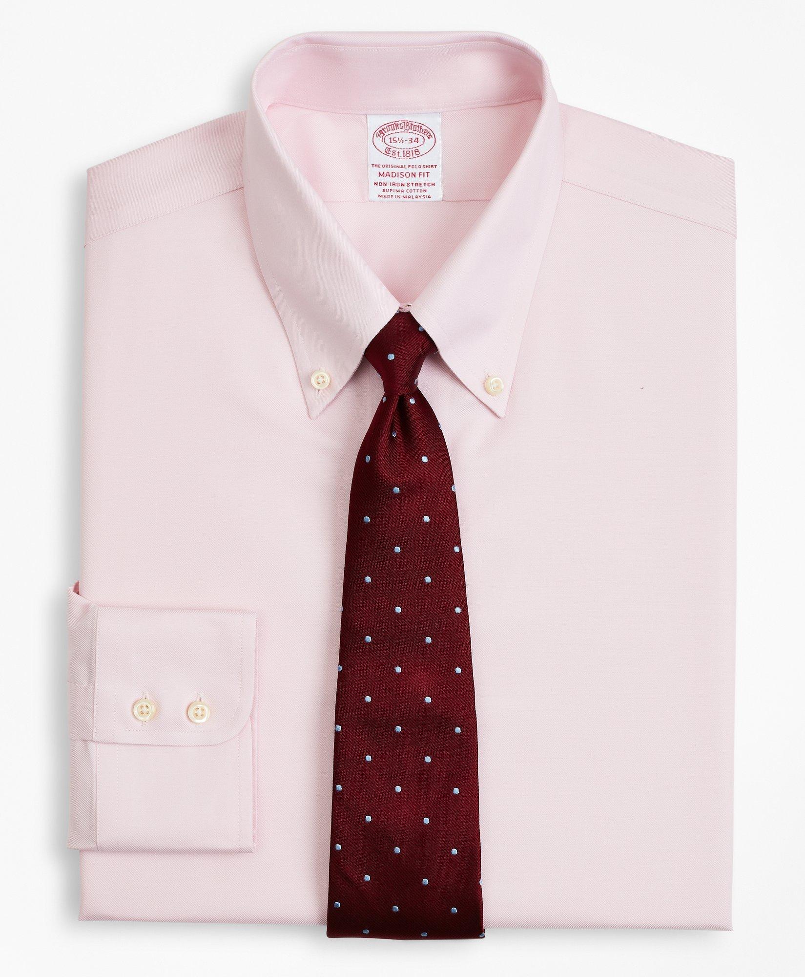 Brooks Brothers Stretch Madison Relaxed-fit Dress Shirt, Non-iron Twill Button-down Collar | Pink | Size 17 34