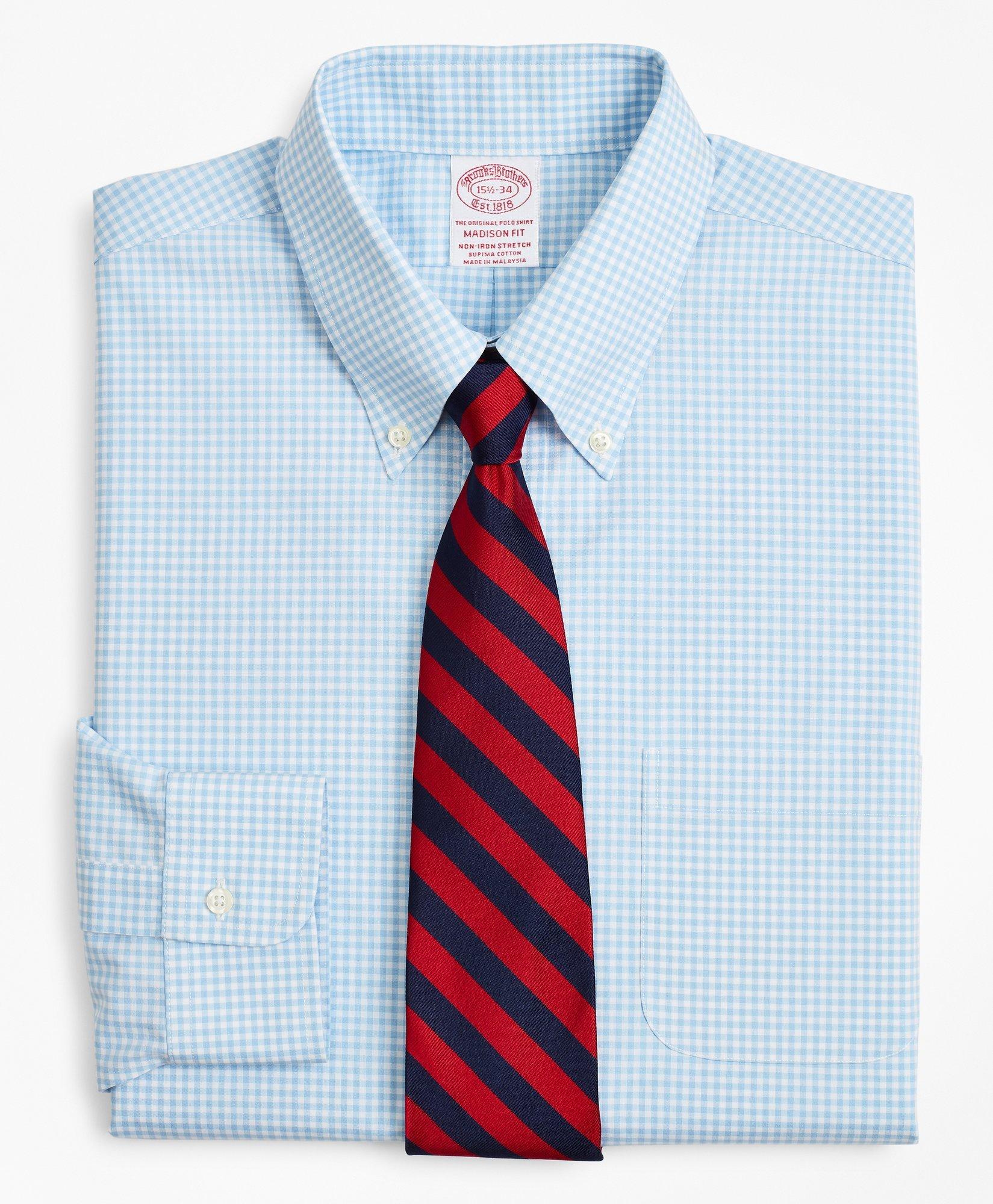 Brooks Brothers Stretch Madison Relaxed-fit Dress Shirt, Non-iron Poplin Button-down Collar Gingham | Light Blue | S