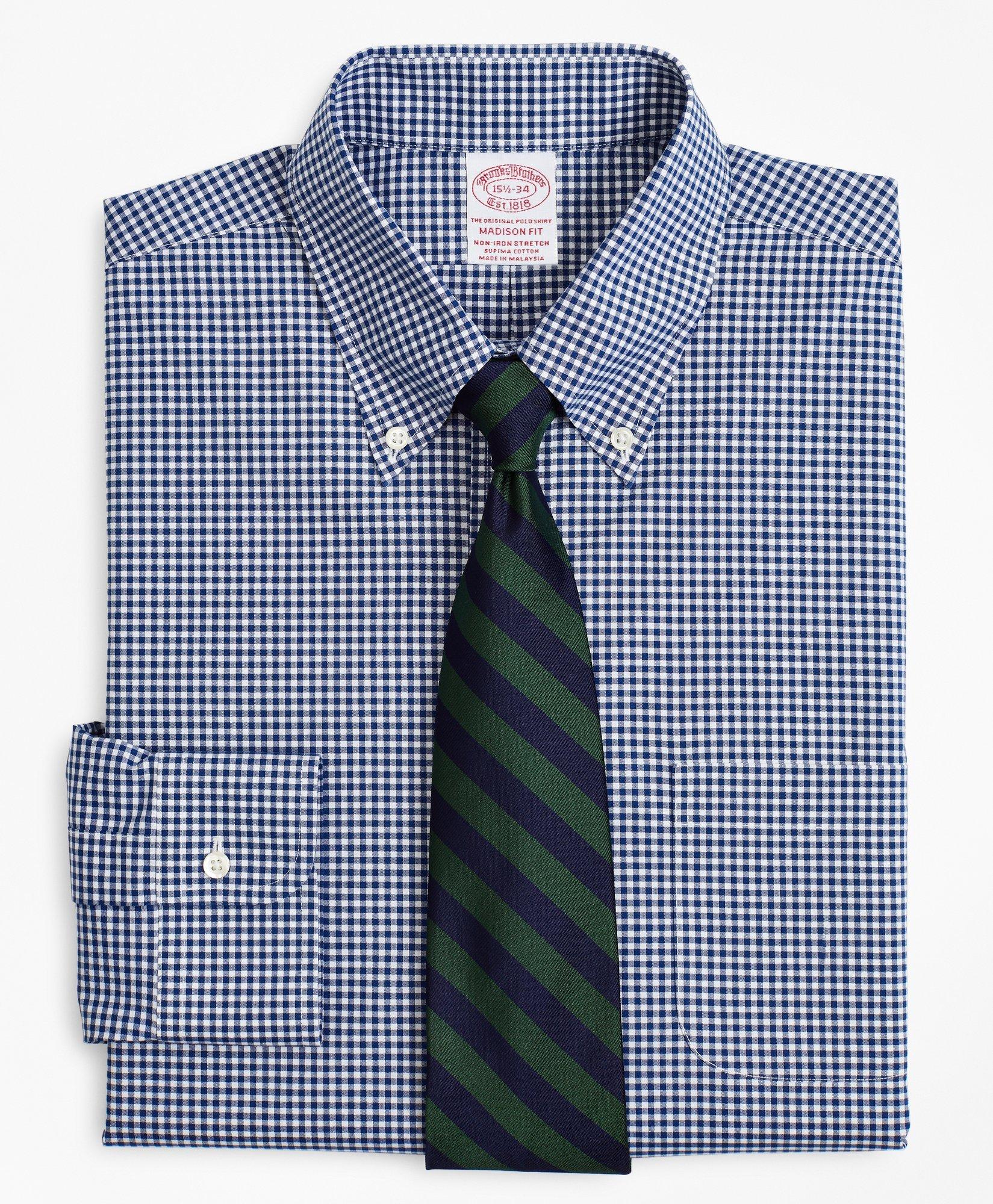 Brooks Brothers Stretch Madison Relaxed-fit Dress Shirt, Non-iron Poplin Button-down Collar Gingham | Navy | Size 14