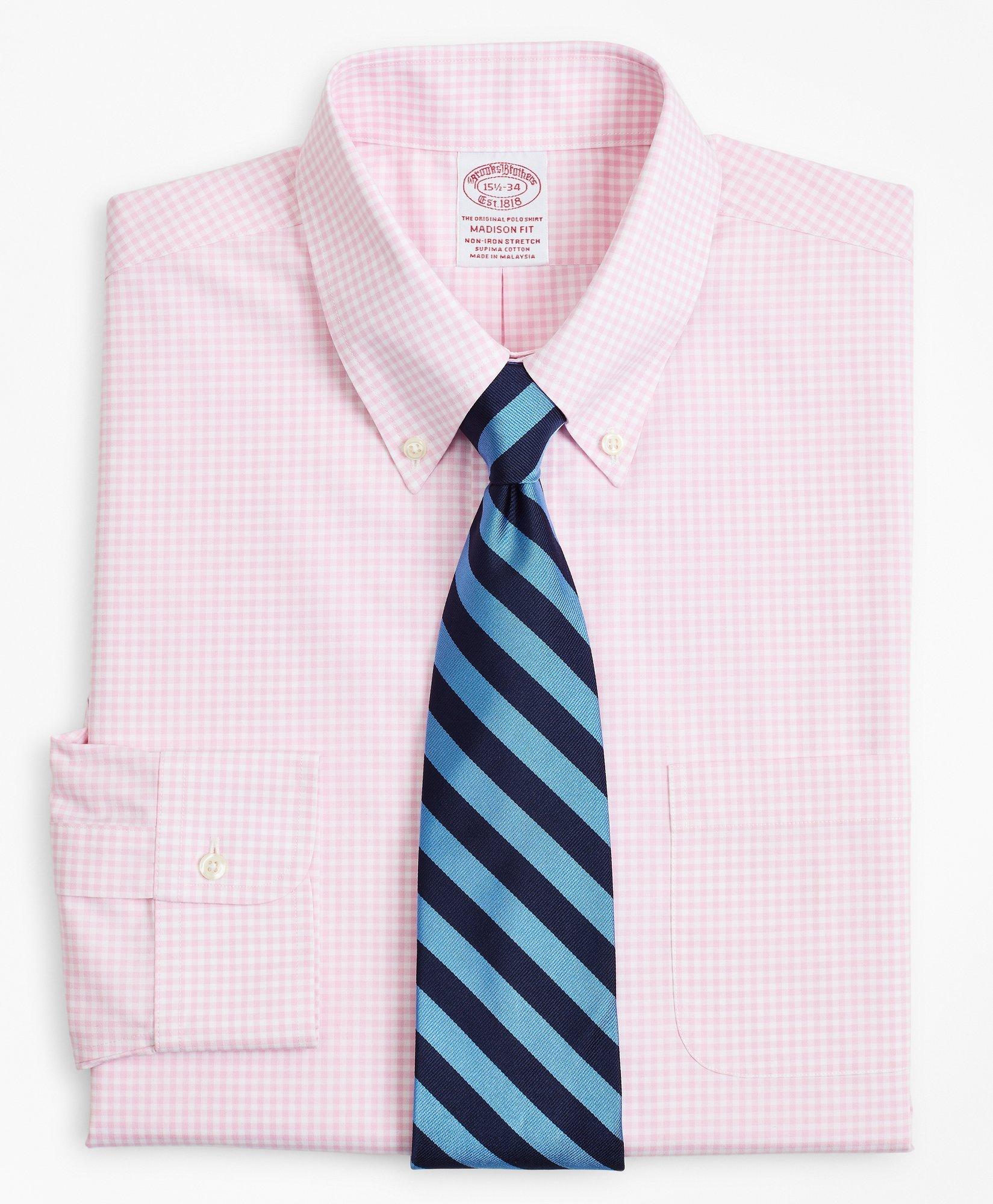 Brooks Brothers Stretch Madison Relaxed-fit Dress Shirt, Non-iron Poplin Button-down Collar Gingham | Pink | Size 15