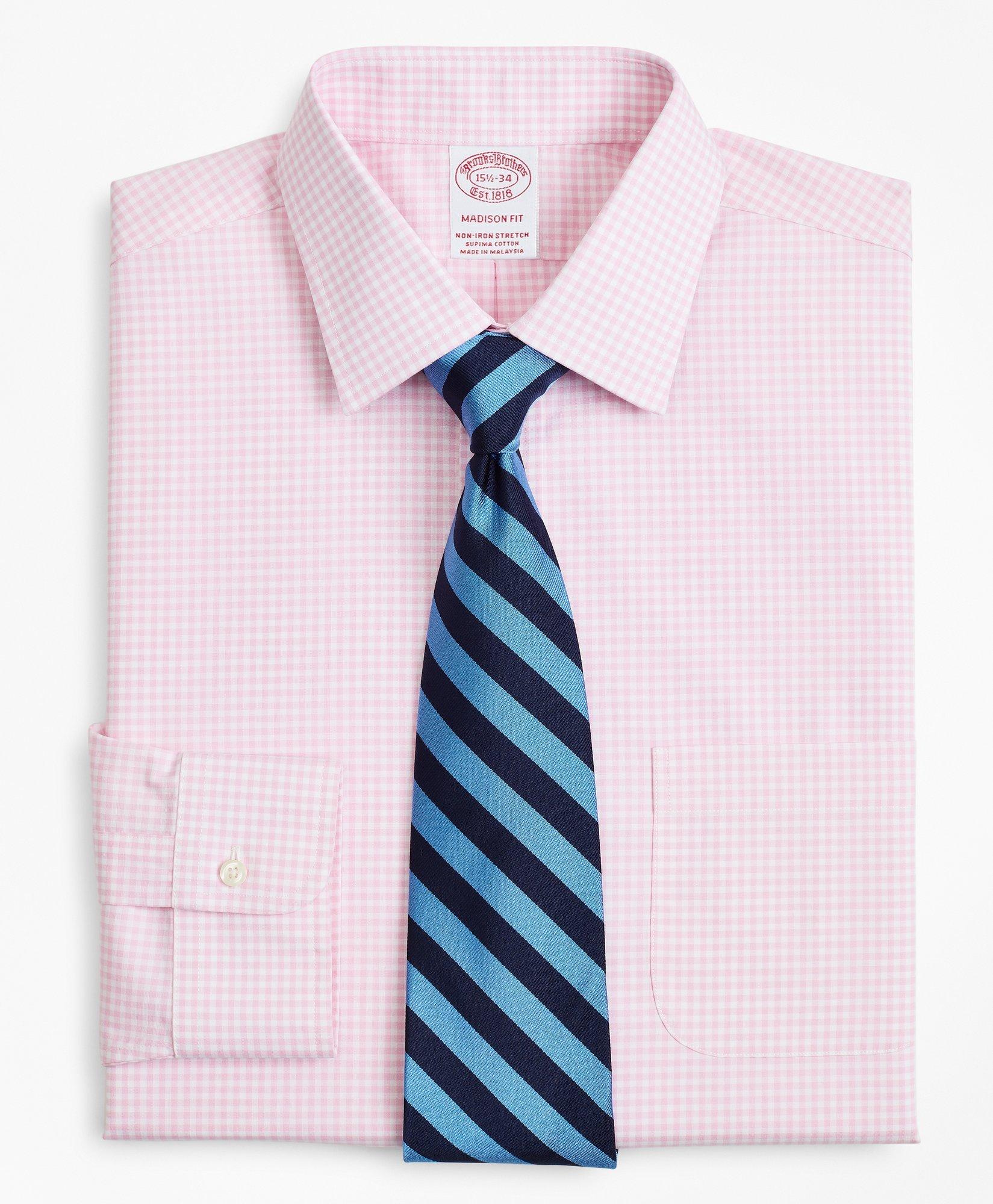 Brooks Brothers Stretch Madison Relaxed-fit Dress Shirt, Non-iron Poplin Ainsley Collar Gingham | Pink | Size 15 35