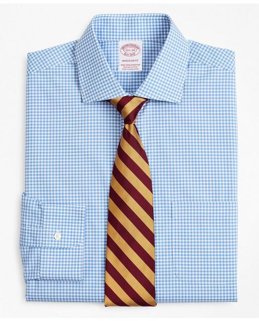 Brooks Brothers Stretch Madison Relaxed-fit Dress Shirt, Non-iron Poplin English Collar Gingham | Blue | Size 14½ 33