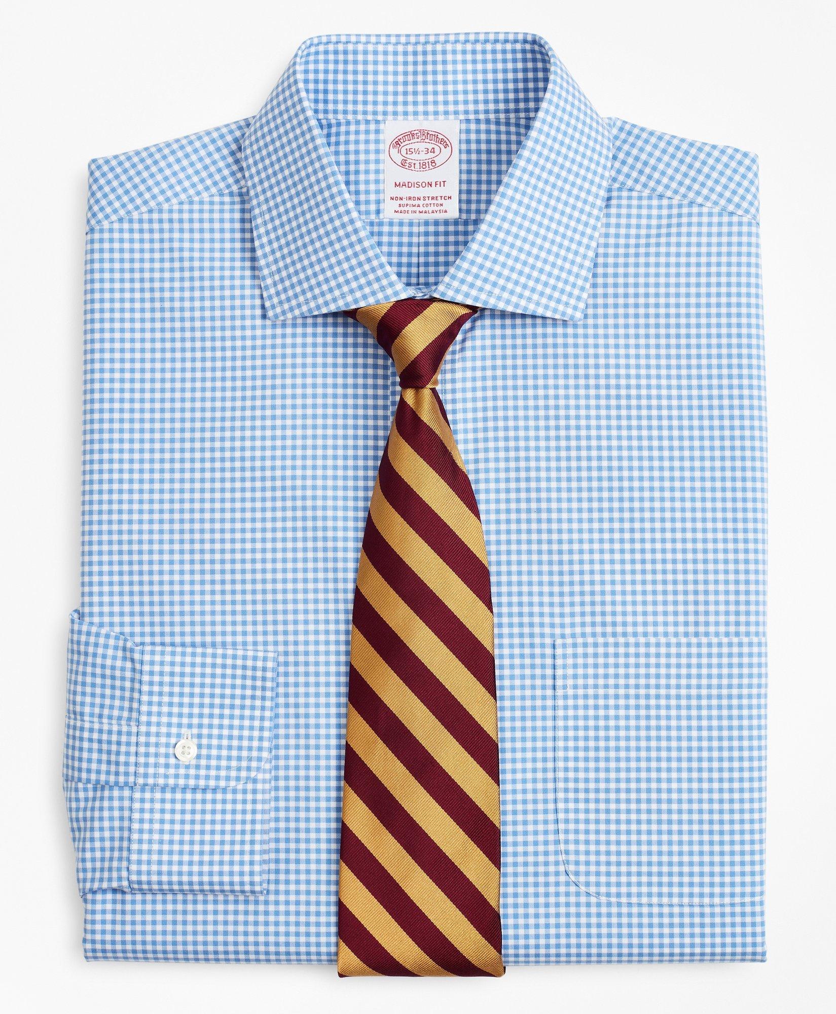 Brooks Brothers Stretch Madison Relaxed-fit Dress Shirt, Non-iron Poplin English Collar Gingham | Blue | Size 15 35