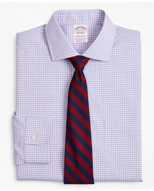 Brooks Brothers Stretch Madison Relaxed-fit Dress Shirt, Non-iron Poplin English Collar Gingham | Lavender | Size 15