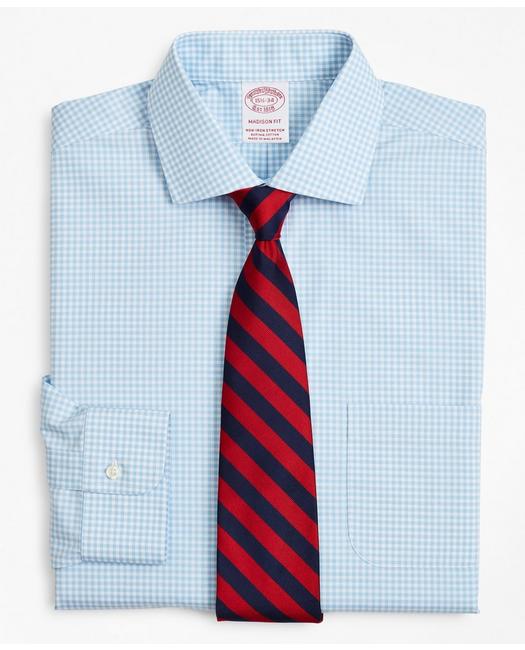 Brooks Brothers Stretch Madison Relaxed-fit Dress Shirt, Non-iron Poplin English Collar Gingham | Light Blue | Size