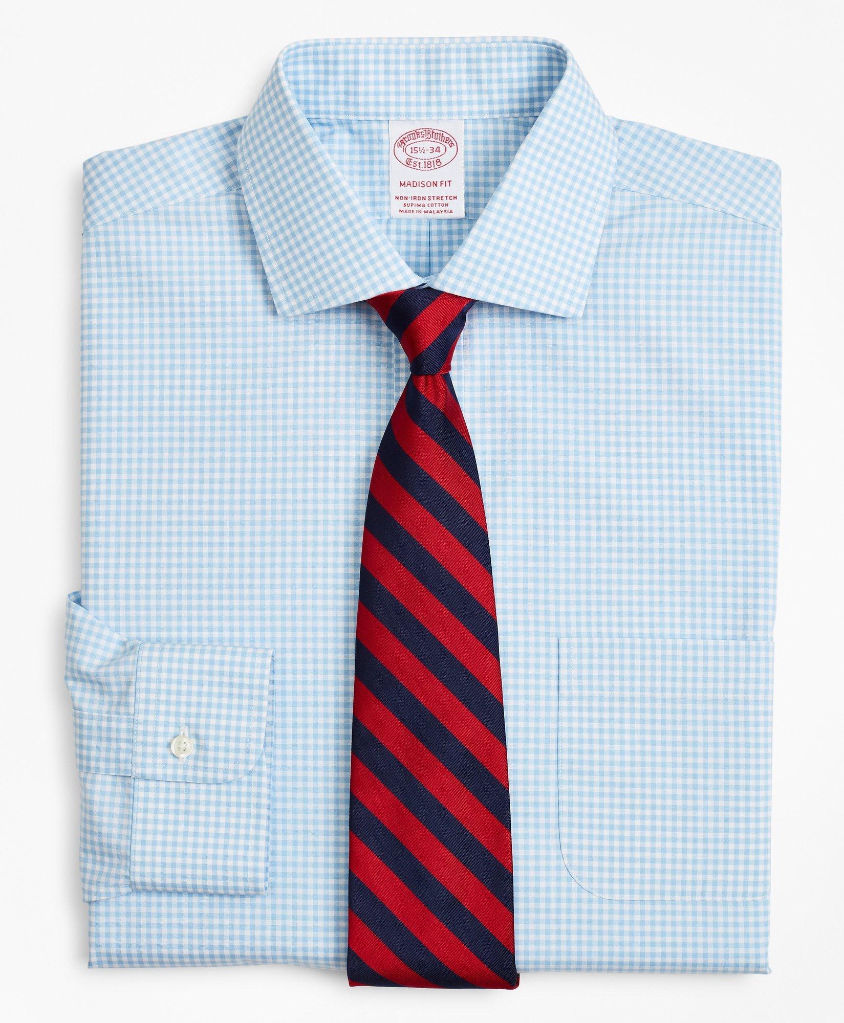 Brooks Brothers Stretch Madison Relaxed-fit Dress Shirt, Non-iron Poplin English Collar Gingham | Light Blue | Size