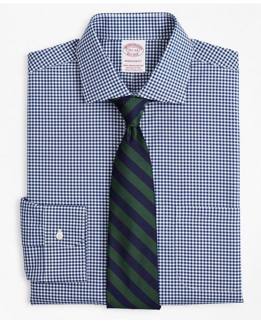 Brooks Brothers Stretch Madison Relaxed-fit Dress Shirt, Non-iron Poplin English Collar Gingham | Navy | Size 14½ 34