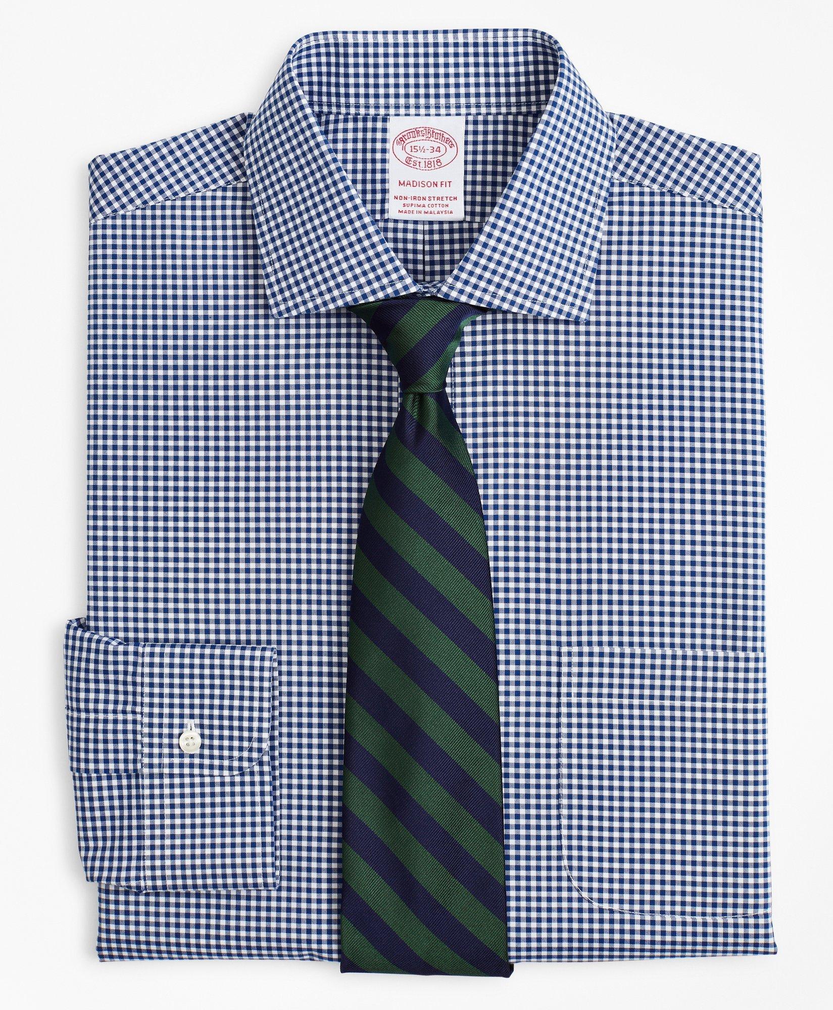 Brooks Brothers Stretch Madison Relaxed-fit Dress Shirt, Non-iron Poplin English Collar Gingham | Navy | Size 14½ 34