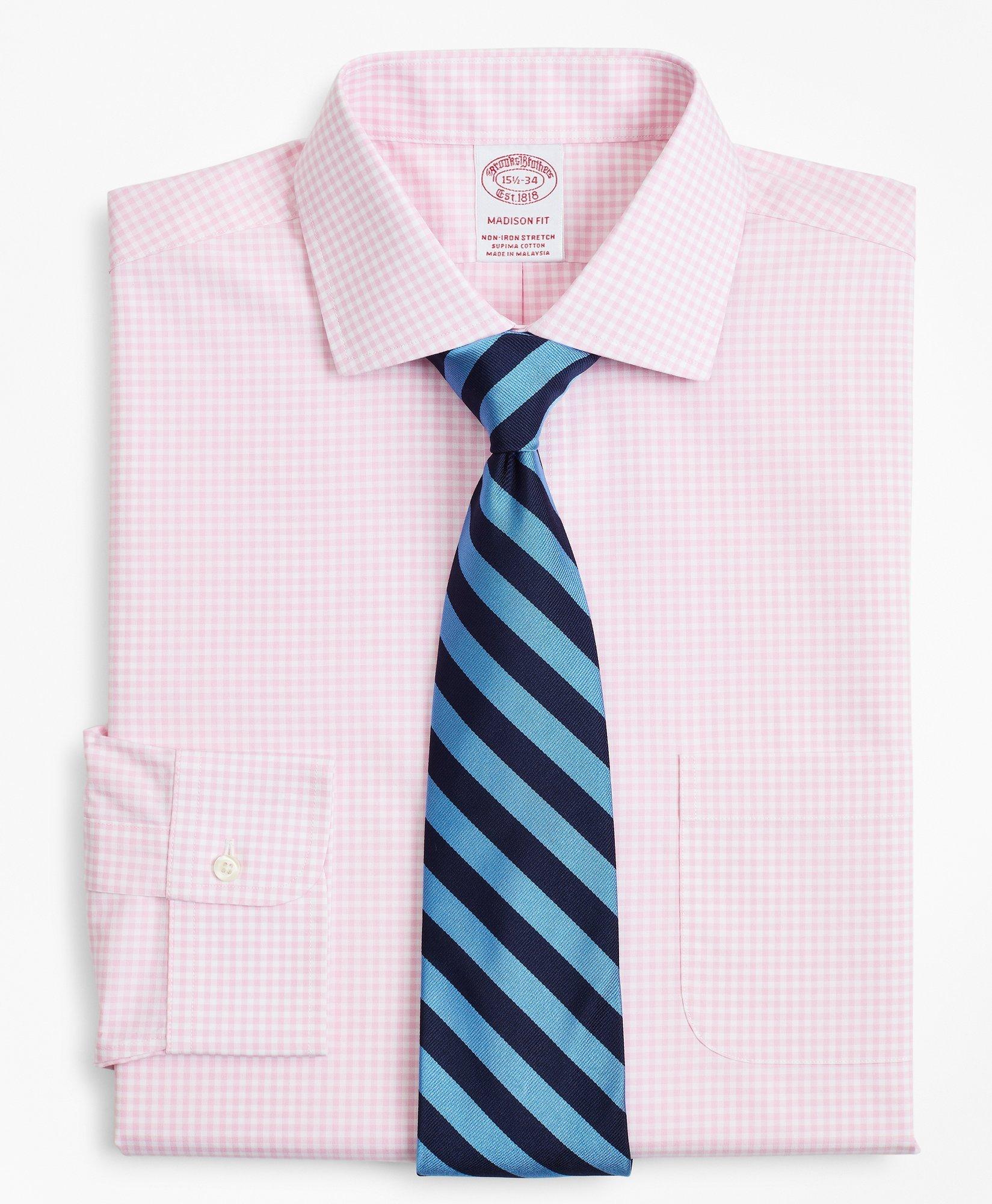 Brooks Brothers Stretch Madison Relaxed-fit Dress Shirt, Non-iron Poplin English Collar Gingham | Pink | Size 16 36