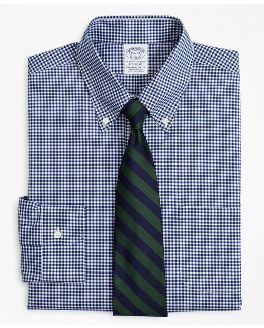 Brooks Brothers Stretch Regent Regular-fit Dress Shirt, Non-iron Poplin Button-down Collar Gingham | Navy | Size 15