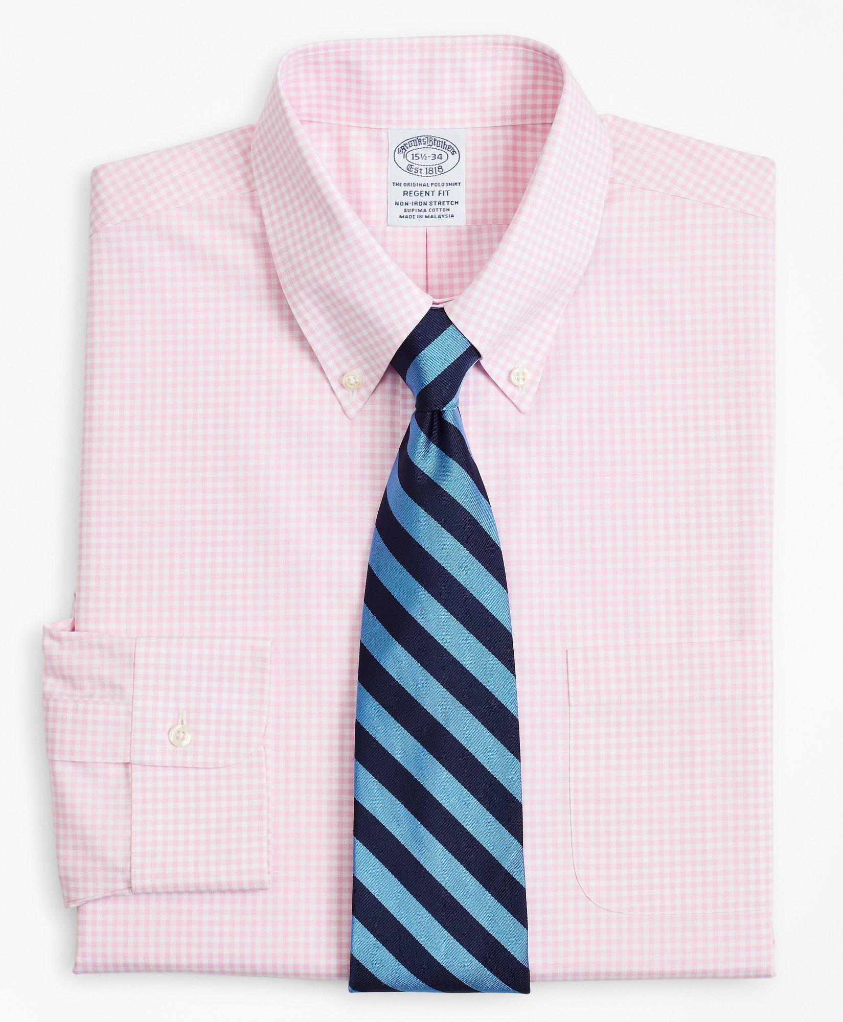 Brooks Brothers Stretch Regent Regular-fit Dress Shirt, Non-iron Poplin Button-down Collar Gingham | Pink | Size 14½