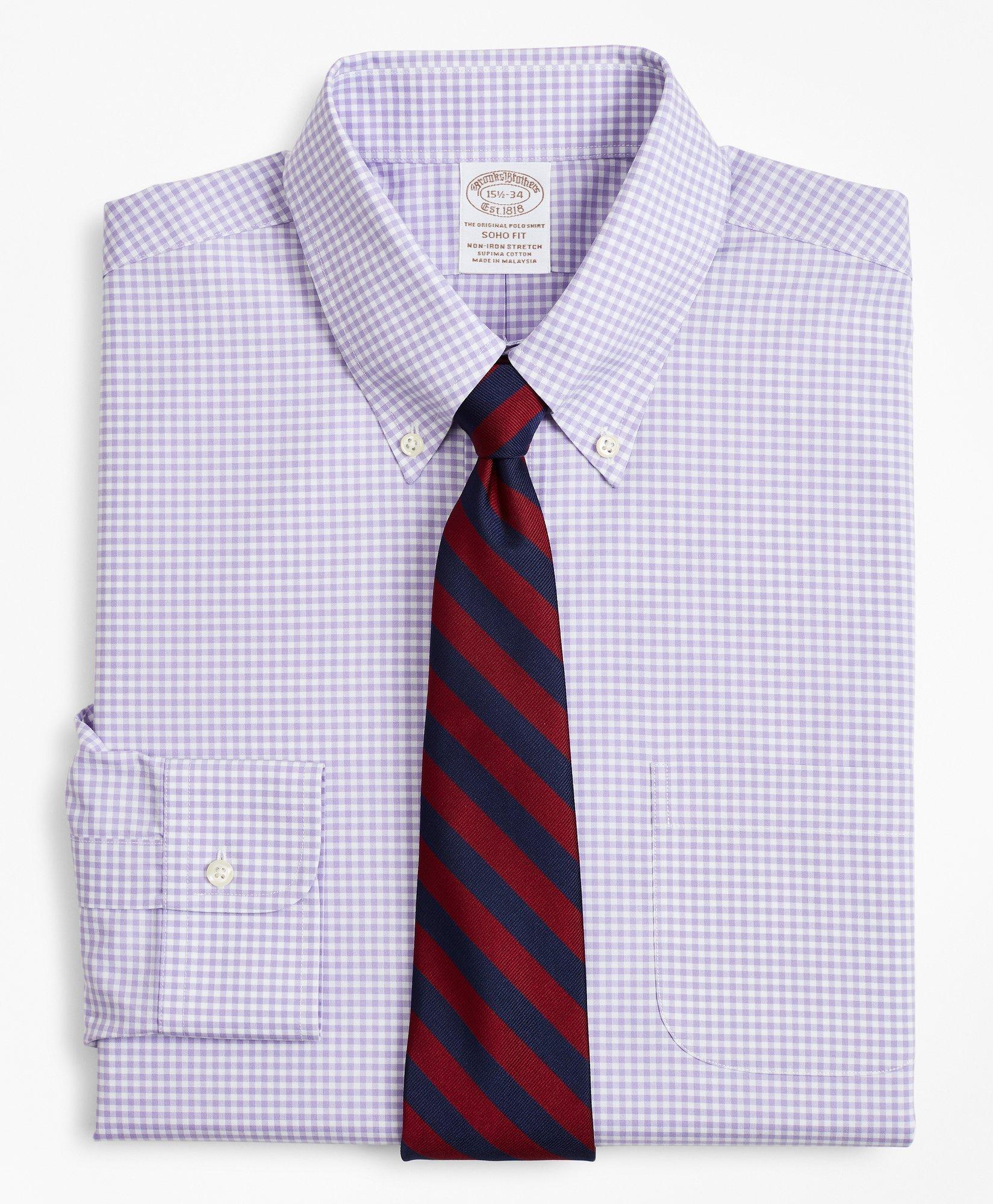 Brooks Brothers Stretch Soho Extra-slim-fit Dress Shirt, Non-iron Poplin Button-down Collar Gingham | Lavender | Siz