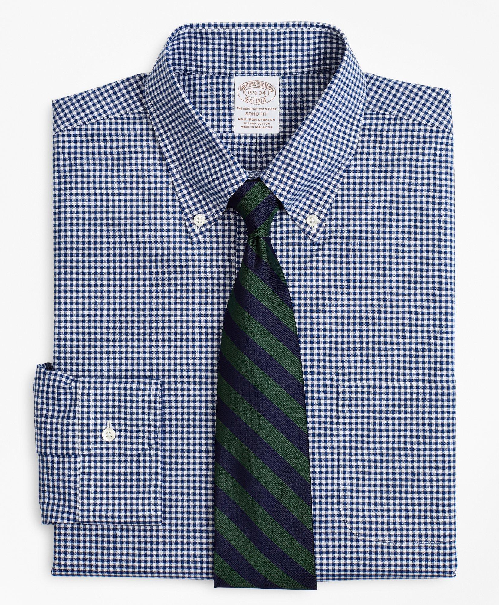 Brooks Brothers Stretch Soho Extra-slim-fit Dress Shirt, Non-iron Poplin Button-down Collar Gingham | Navy | Size 15