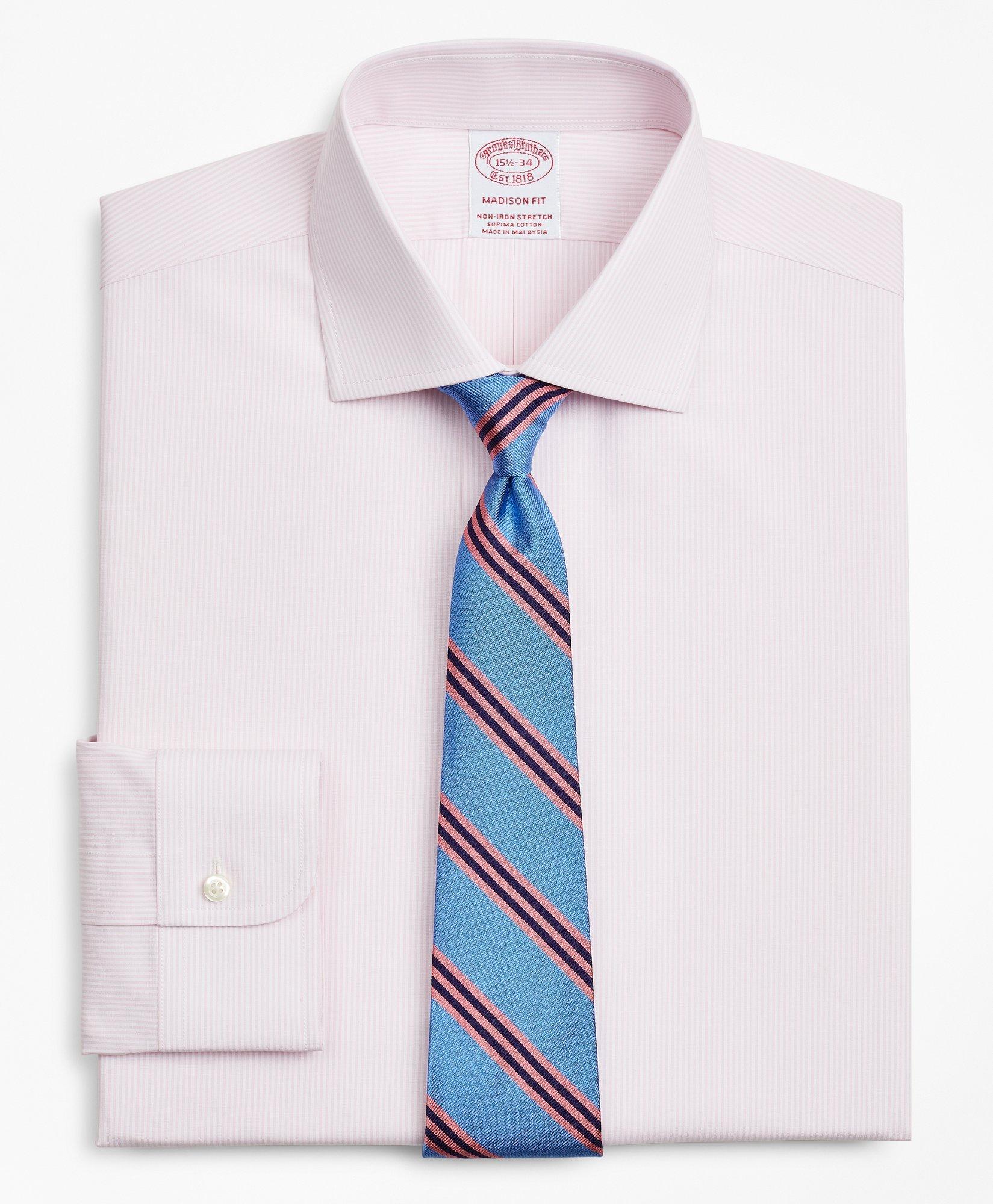 Brooks Brothers Stretch Madison Relaxed-fit Dress Shirt, Non-iron Poplin English Collar Fine Stripe | Pink | Size 15