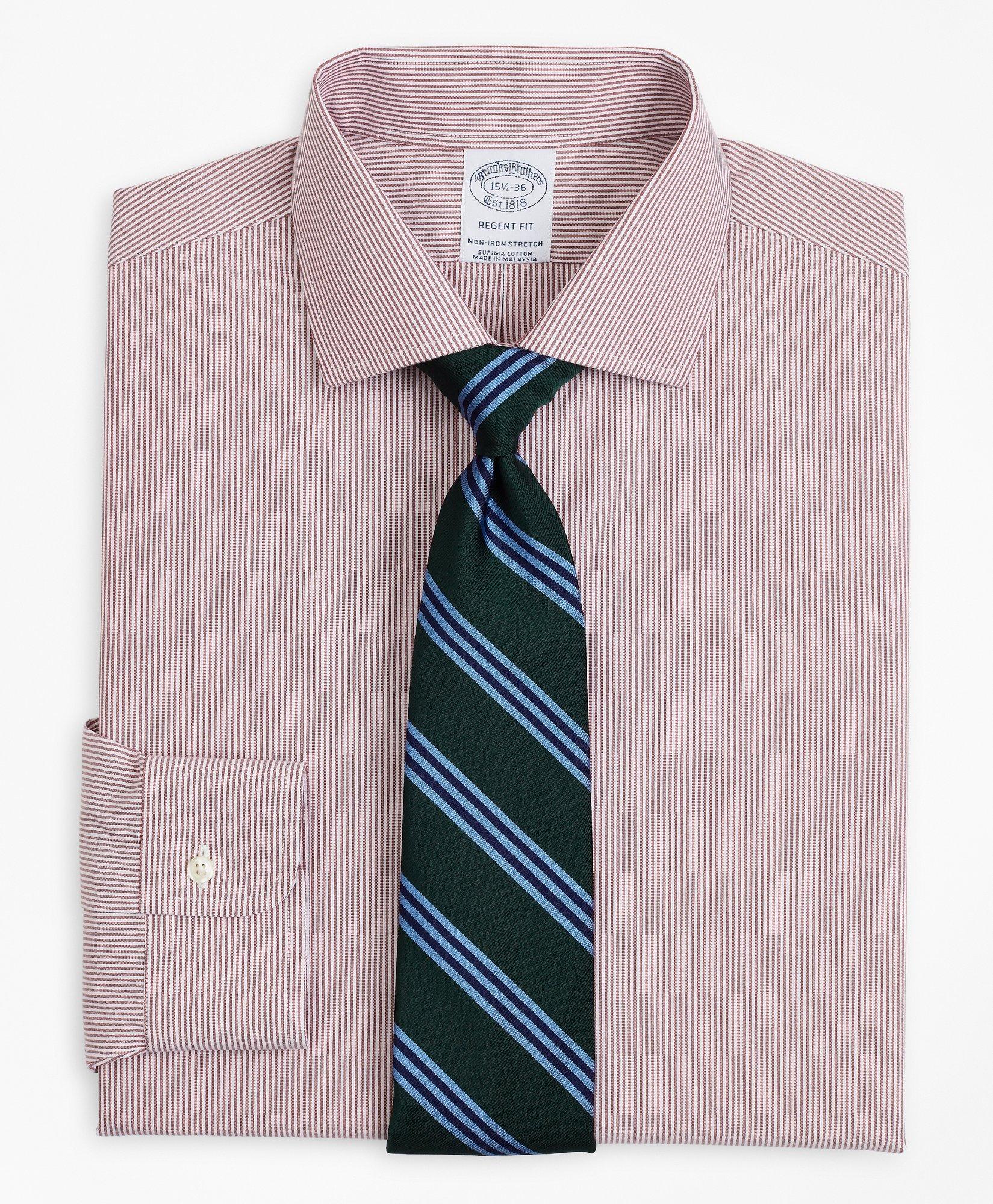 Brooks Brothers Stretch Regent Regular-fit Dress Shirt, Non-iron Poplin English Collar Fine Stripe | Red | Size 14½