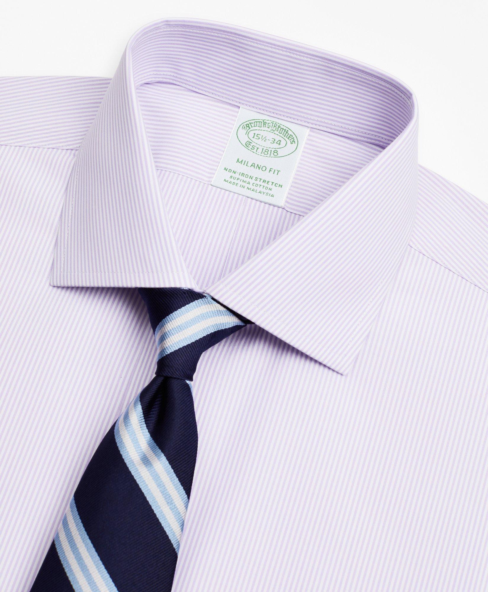 Stretch Milano Slim-Fit Dress Shirt, Non-Iron Poplin English Collar Fine Stripe