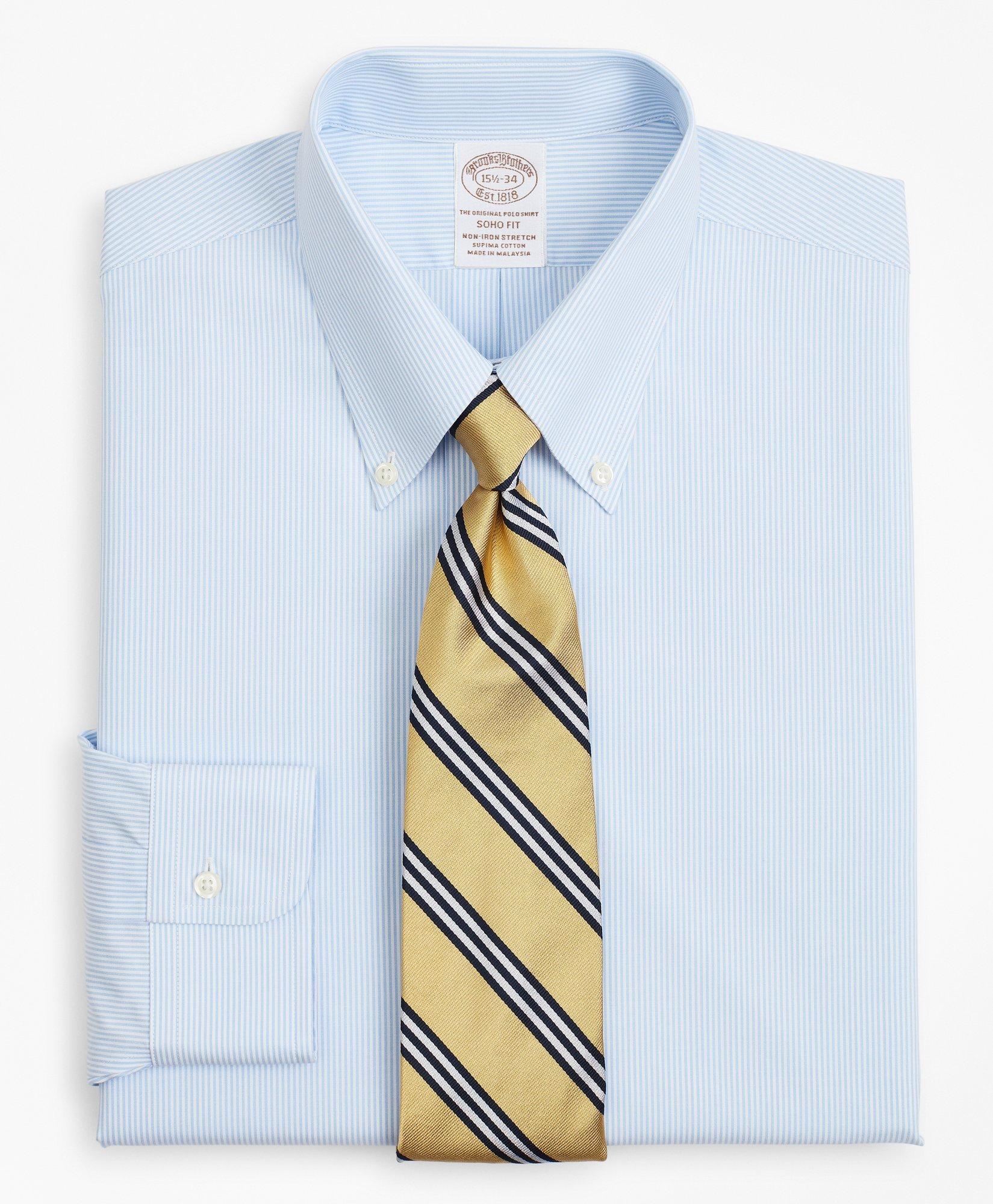 Brooks Brothers Stretch Soho Extra-slim-fit Dress Shirt, Non-iron Poplin Button-down Collar Fine Stripe | Light Blue