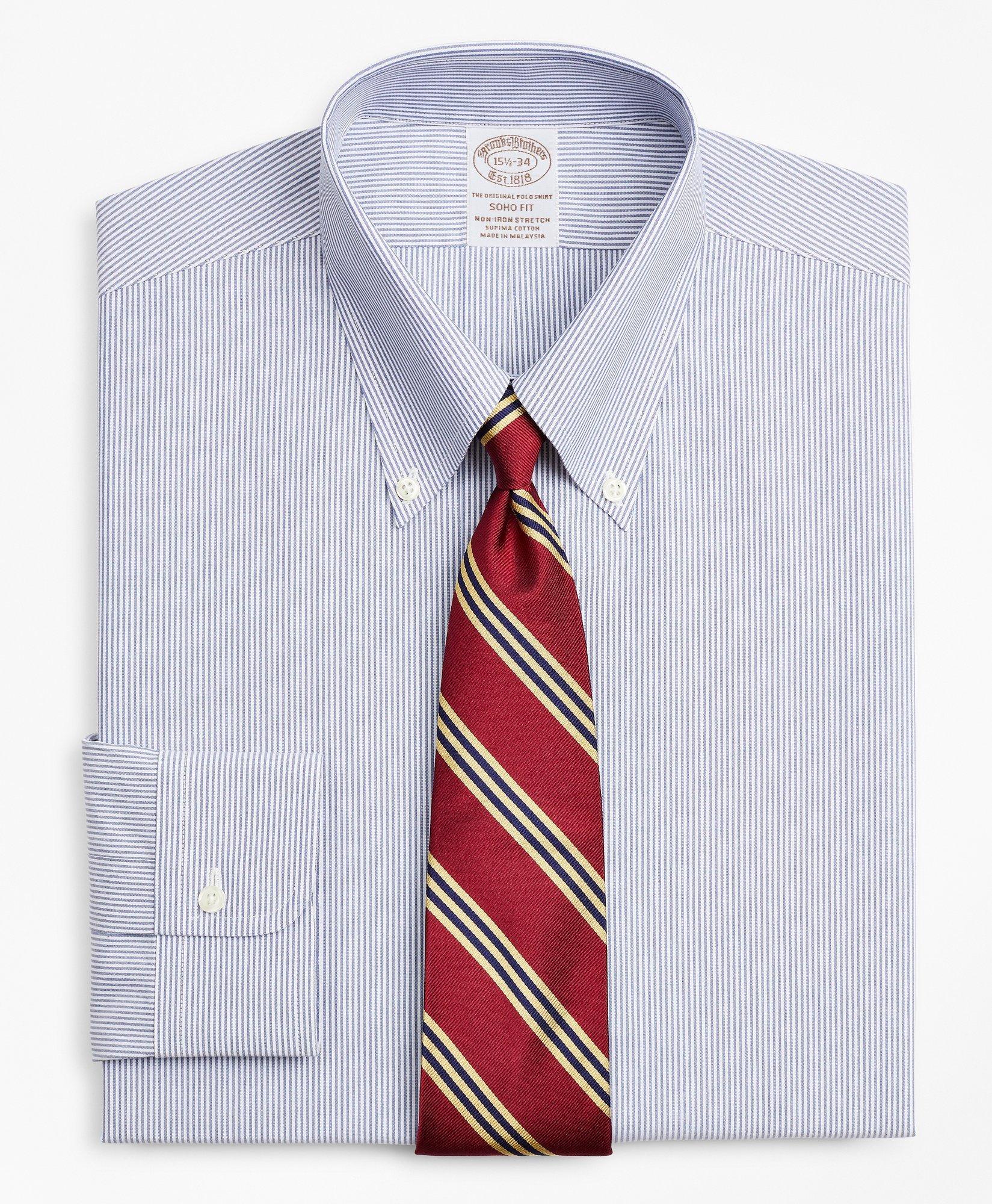 Brooks Brothers Stretch Soho Extra-slim-fit Dress Shirt, Non-iron Poplin Button-down Collar Fine Stripe | Navy | Siz