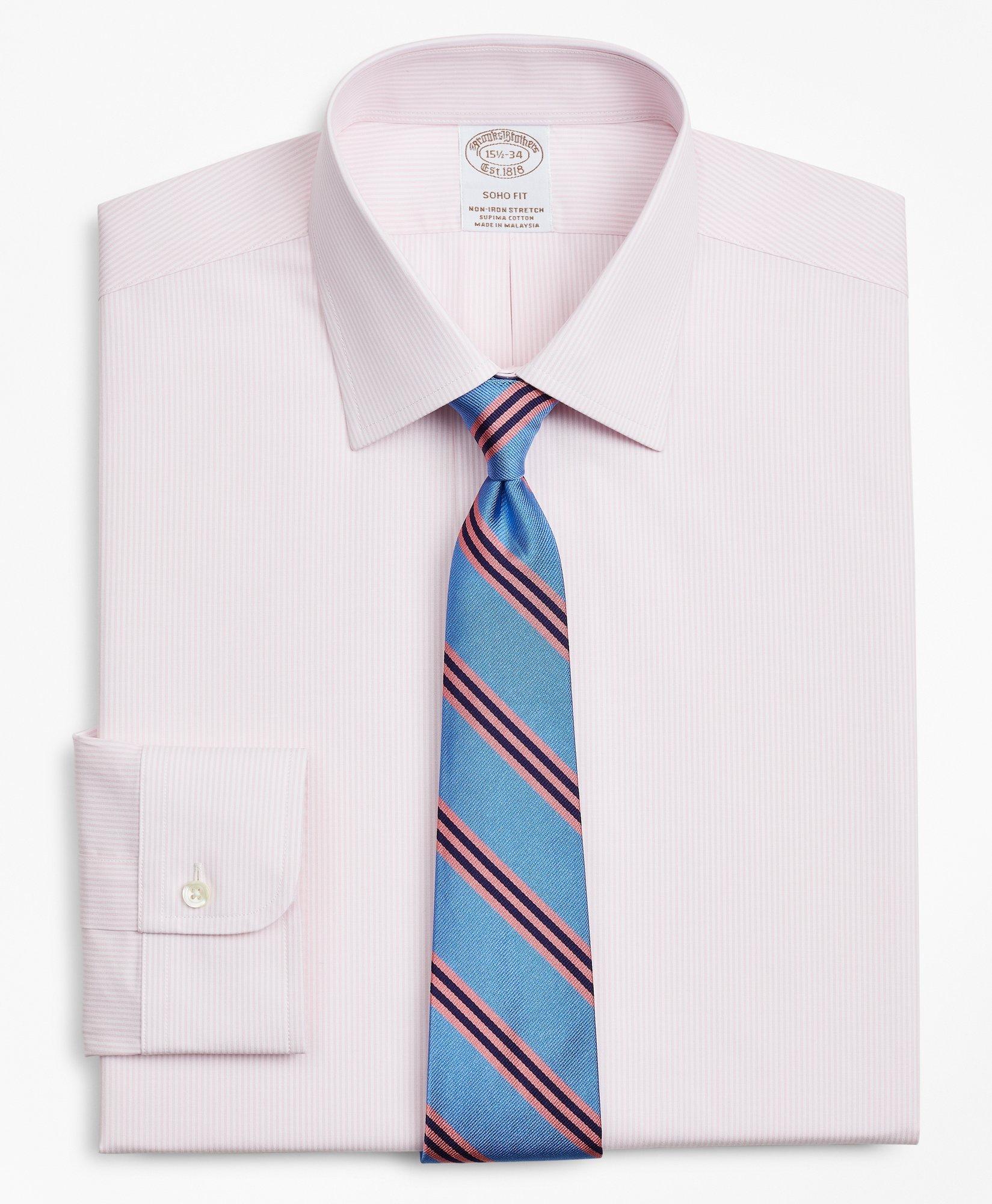 Brooks Brothers Stretch Soho Extra-slim-fit Dress Shirt, Non-iron Poplin Ainsley Collar Fine Stripe | Pink | Size 17