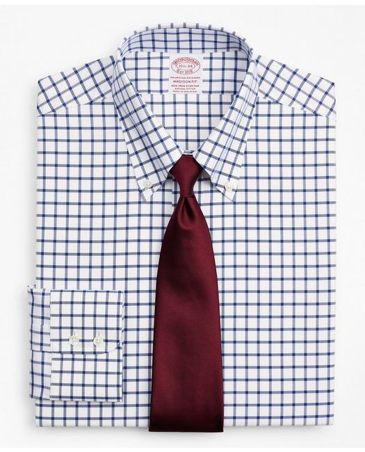 Brooks Brothers Stretch Madison Relaxed-fit Dress Shirt, Non-iron Twill Button-down Collar Grid Check | Navy | Size