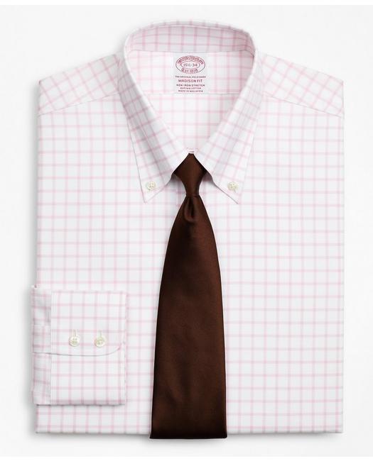 Brooks Brothers Stretch Madison Relaxed-fit Dress Shirt, Non-iron Twill Button-down Collar Grid Check | Pink | Size