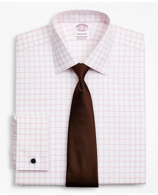 Brooks Brothers Stretch Madison Relaxed-fit Dress Shirt, Non-iron Twill Ainsley Collar French Cuff Grid Check | Pink